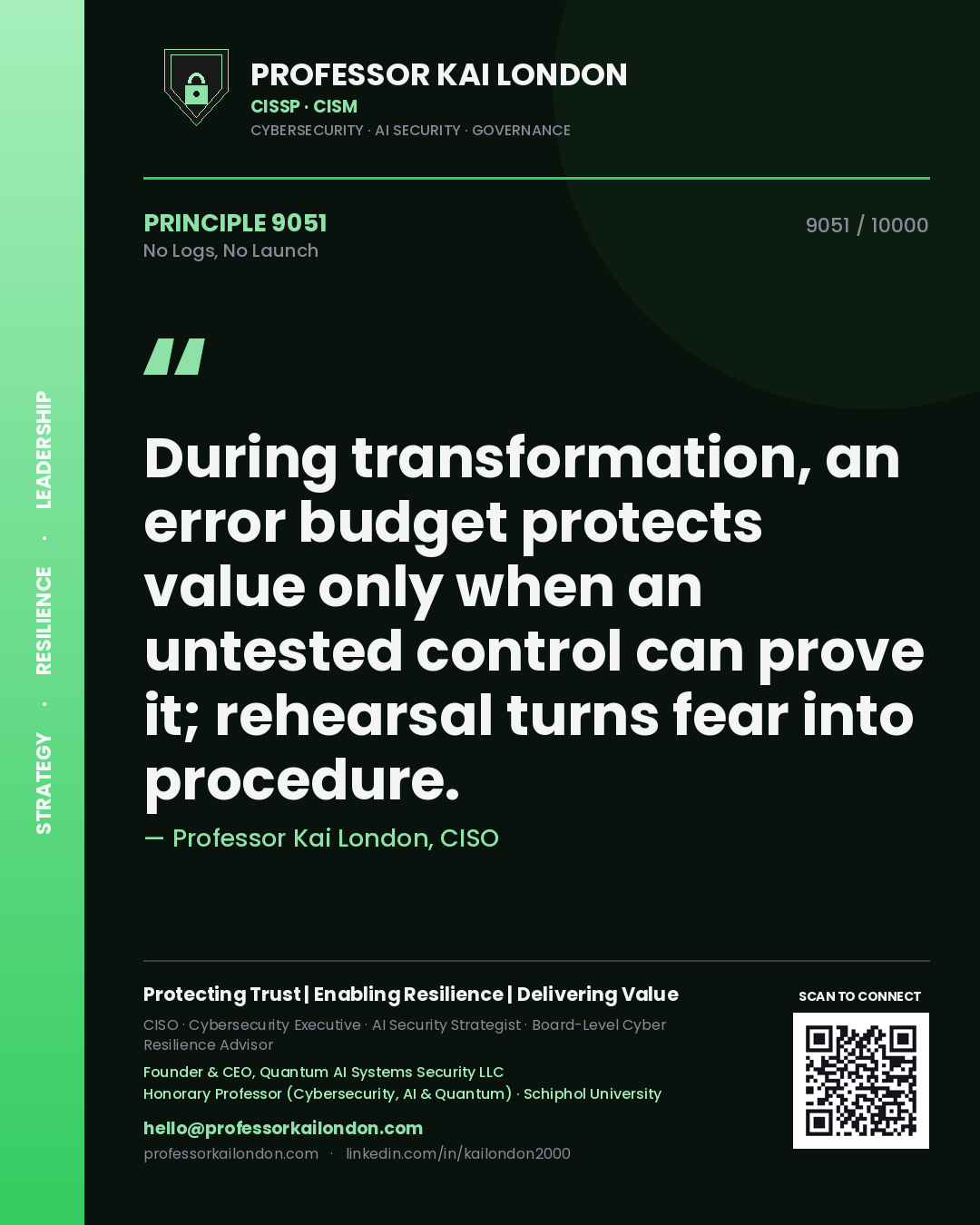 Professor Kai London principle 9051: During transformation, an error budget protects value only when an untested control can prove it; rehearsal turns fear into procedure.
