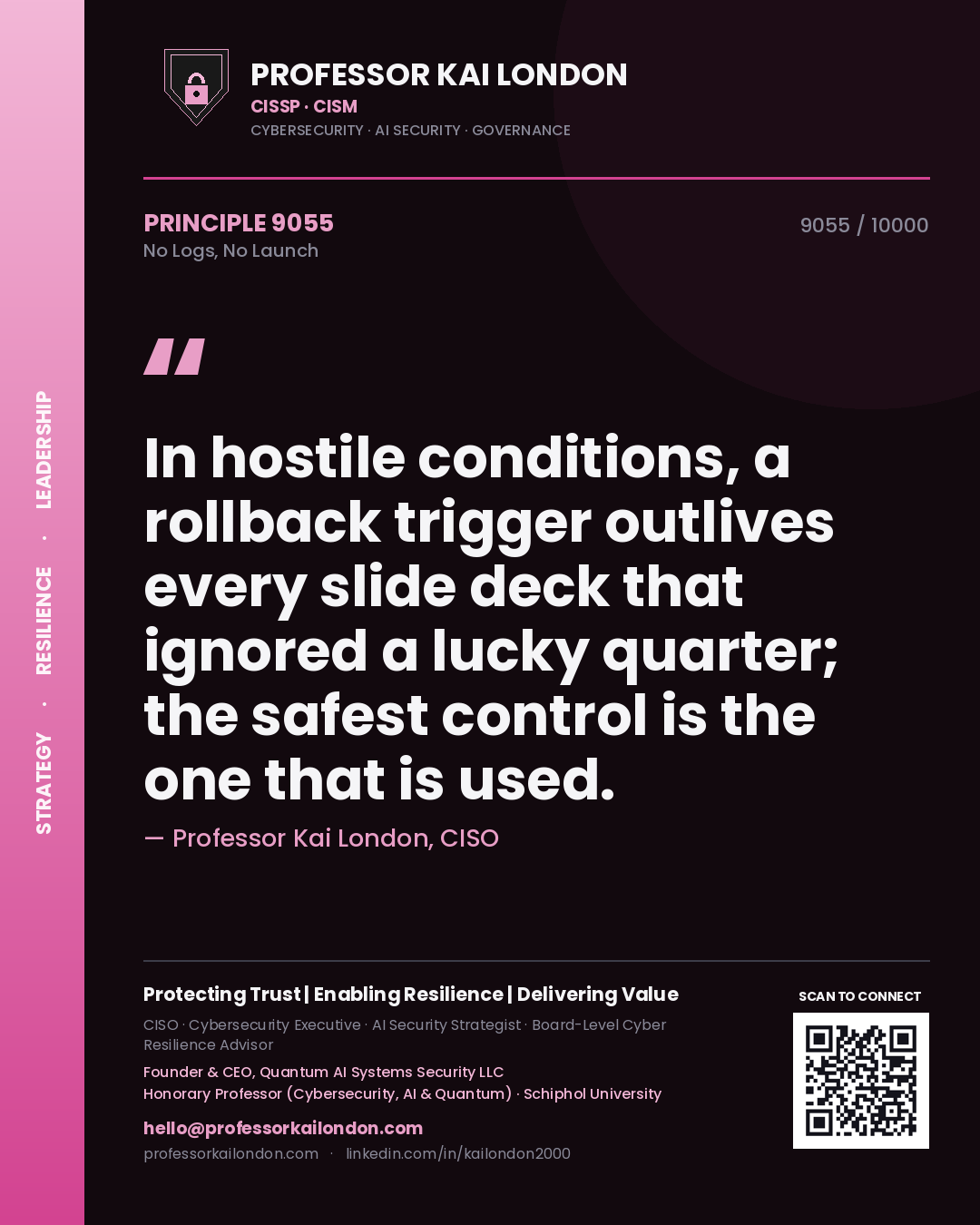 Professor Kai London principle 9055: In hostile conditions, a rollback trigger outlives every slide deck that ignored a lucky quarter; the safest control is the one that is used.