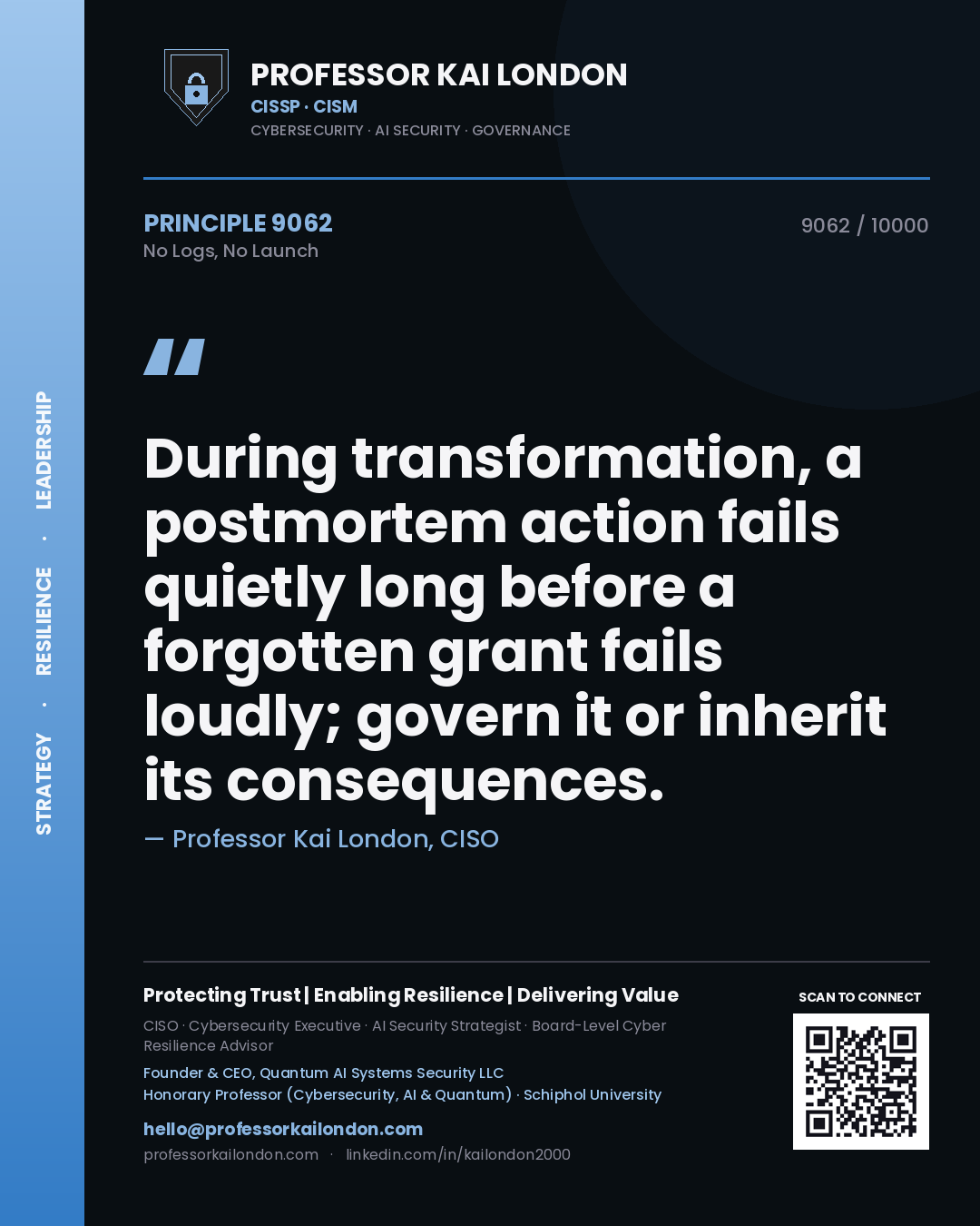 Quote card by Professor Kai London reading 'During transformation, a postmortem action fails quietly long before a forgotten grant fails loudly; govern it or inherit its consequences.'. From the book No Logs, No Launch.