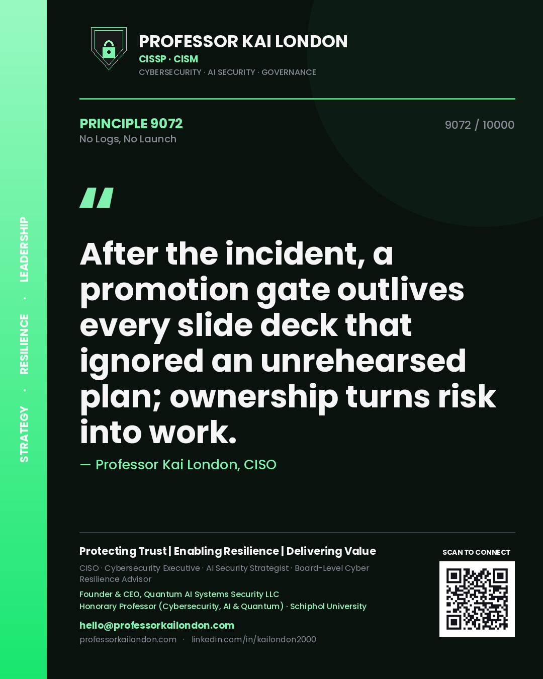 Quote card by Professor Kai London reading 'After the incident, a promotion gate outlives every slide deck that ignored an unrehearsed plan; ownership turns risk into work.'. From the book No Logs, No Launch.