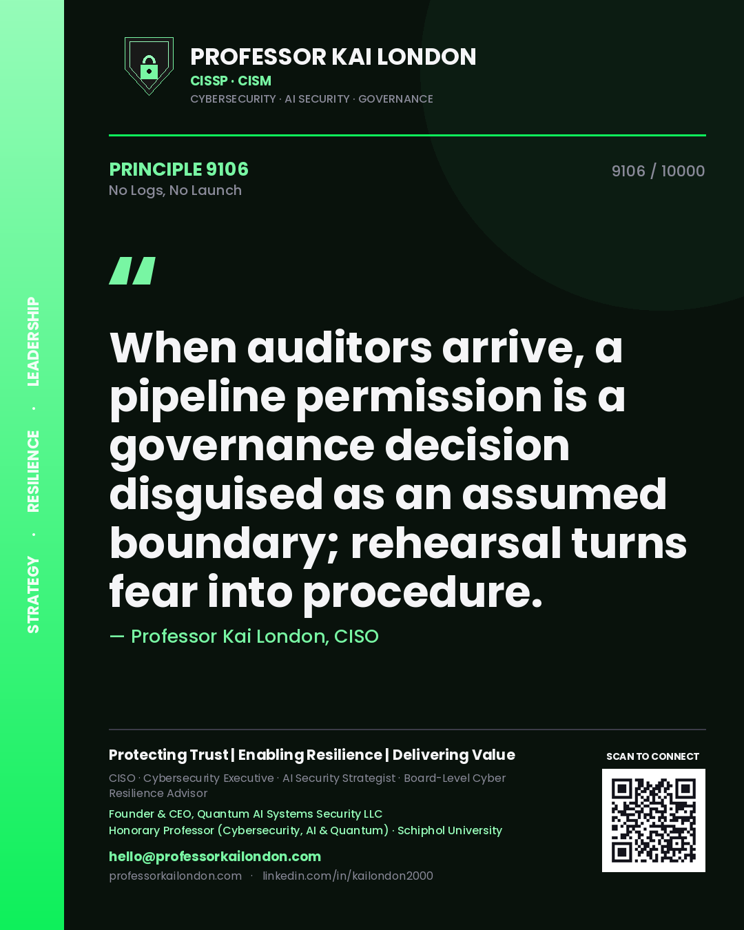 Quote card by Professor Kai London reading 'When auditors arrive, a pipeline permission is a governance decision disguised as an assumed boundary; rehearsal turns fear into procedure.'. From the book No Logs, No Launch.