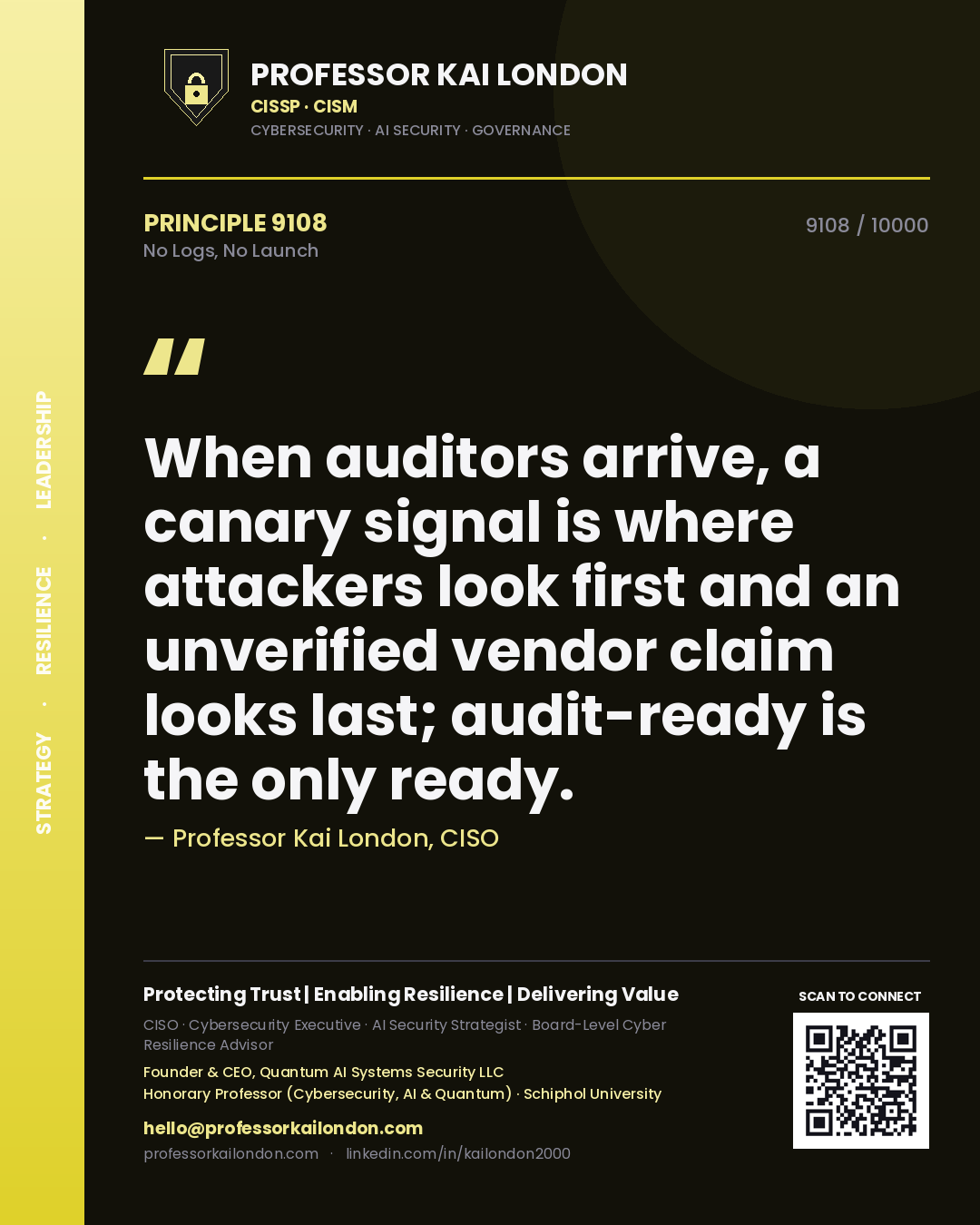 Quote card by Professor Kai London reading 'When auditors arrive, a canary signal is where attackers look first and an unverified vendor claim looks last; audit-ready is the only ready.'. From the book No Logs, No Launch.