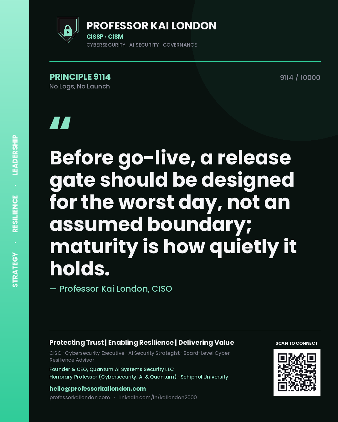 Quote card by Professor Kai London reading 'Before go-live, a release gate should be designed for the worst day, not an assumed boundary; maturity is how quietly it holds.'. From the book No Logs, No Launch.