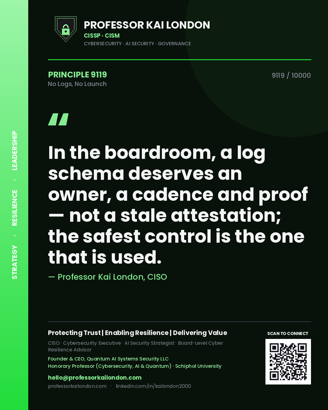 Quote card by Professor Kai London reading 'In the boardroom, a log schema deserves an owner, a cadence and proof — not a stale attestation; the safest control is the one that is used.'. From the book No Logs, No Launch.