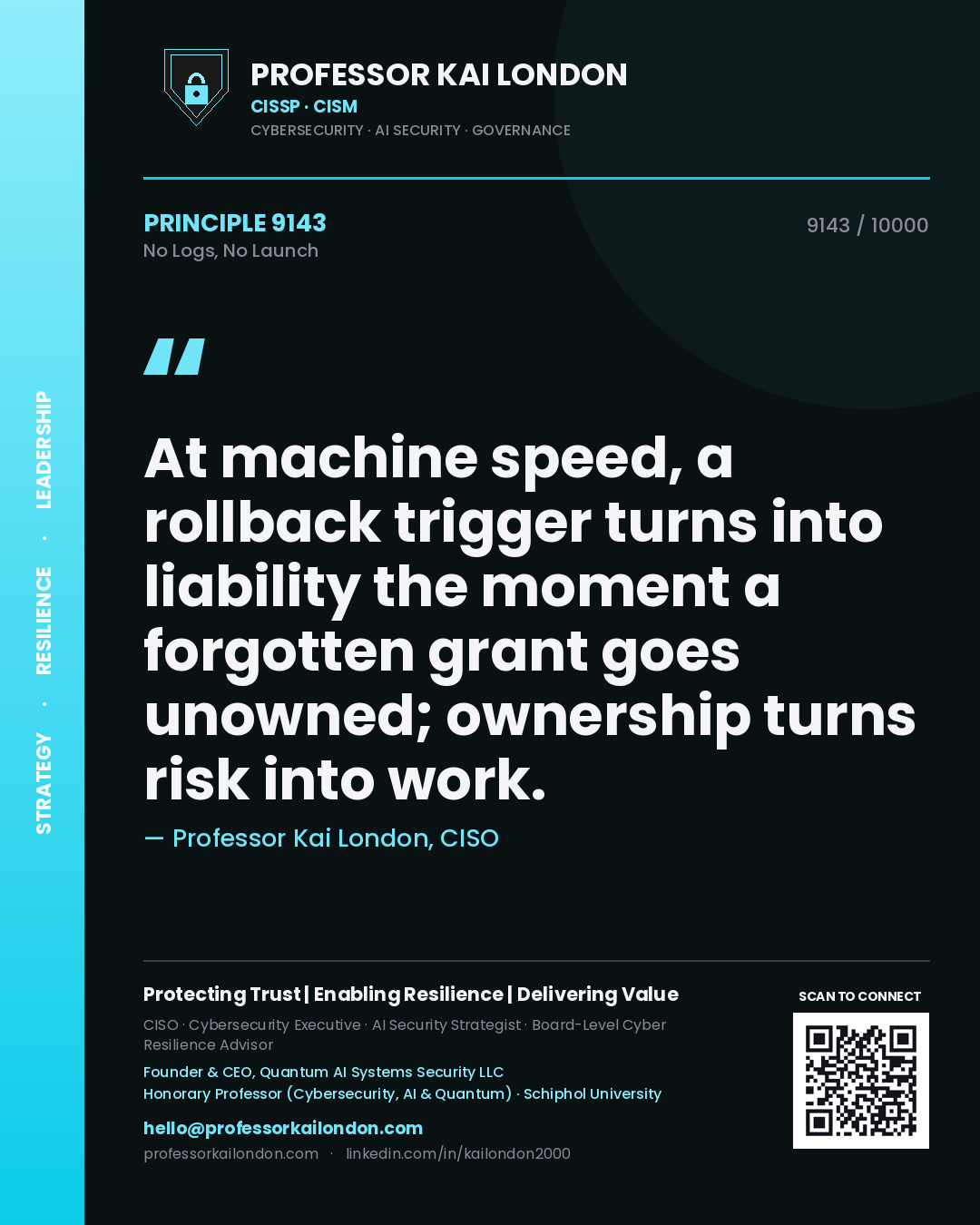 Quote card by Professor Kai London reading 'At machine speed, a rollback trigger turns into liability the moment a forgotten grant goes unowned; ownership turns risk into work.'. From the book No Logs, No Launch.