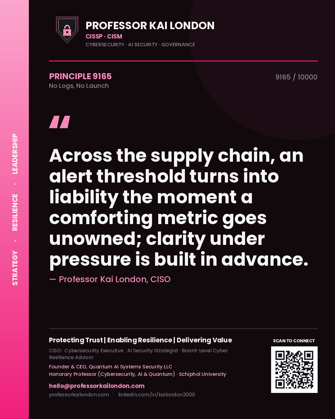 Quote card by Professor Kai London reading 'Across the supply chain, an alert threshold turns into liability the moment a comforting metric goes unowned; clarity under pressure is built in advance.'. From the book No Logs, No Launch.