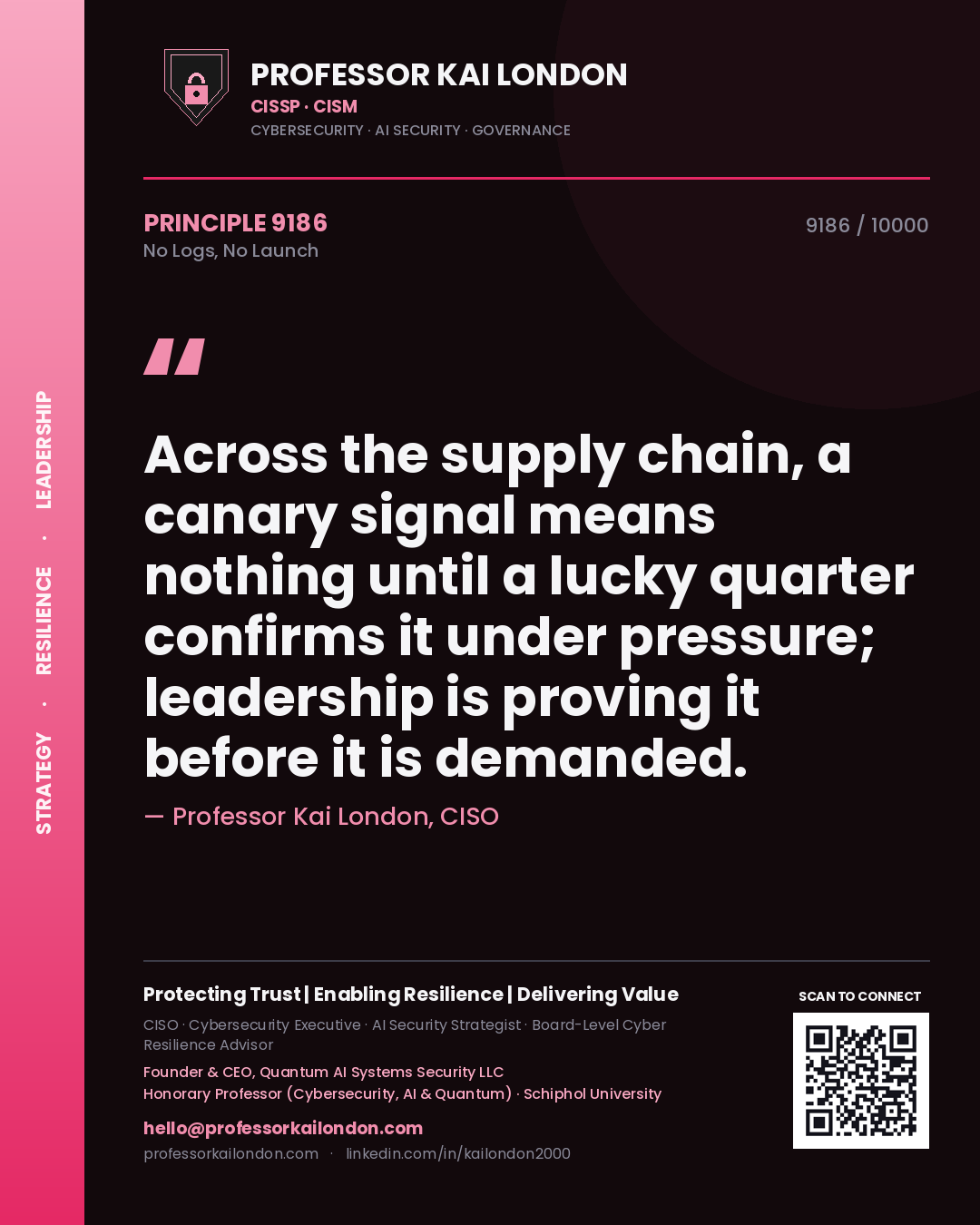 Quote card by Professor Kai London reading 'Across the supply chain, a canary signal means nothing until a lucky quarter confirms it under pressure; leadership is proving it before it is demanded.'. From the book No Logs, No Launch.
