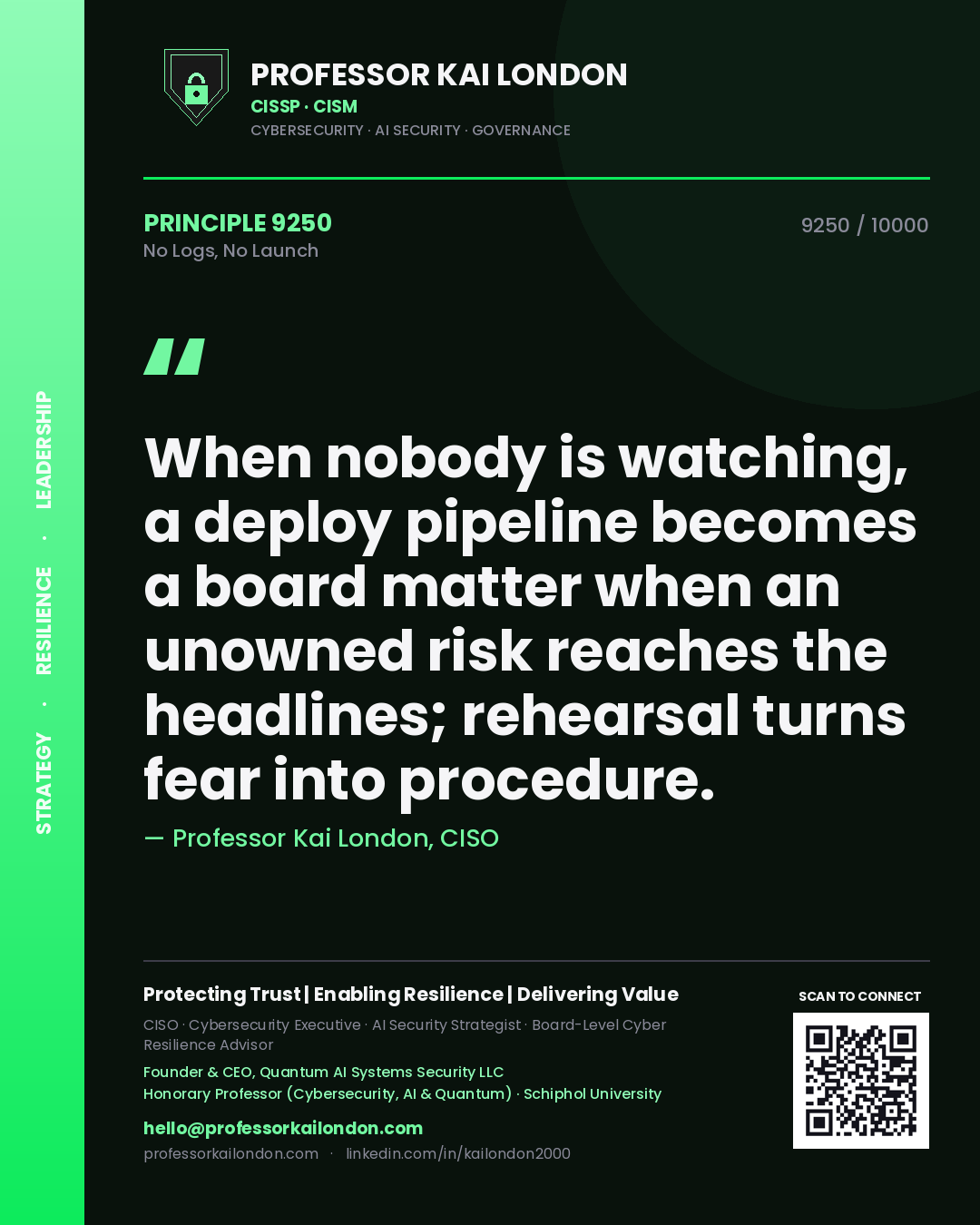 Quote card by Professor Kai London reading 'When nobody is watching, a deploy pipeline becomes a board matter when an unowned risk reaches the headlines; rehearsal turns fear into procedure.'. From the book No Logs, No Launch.