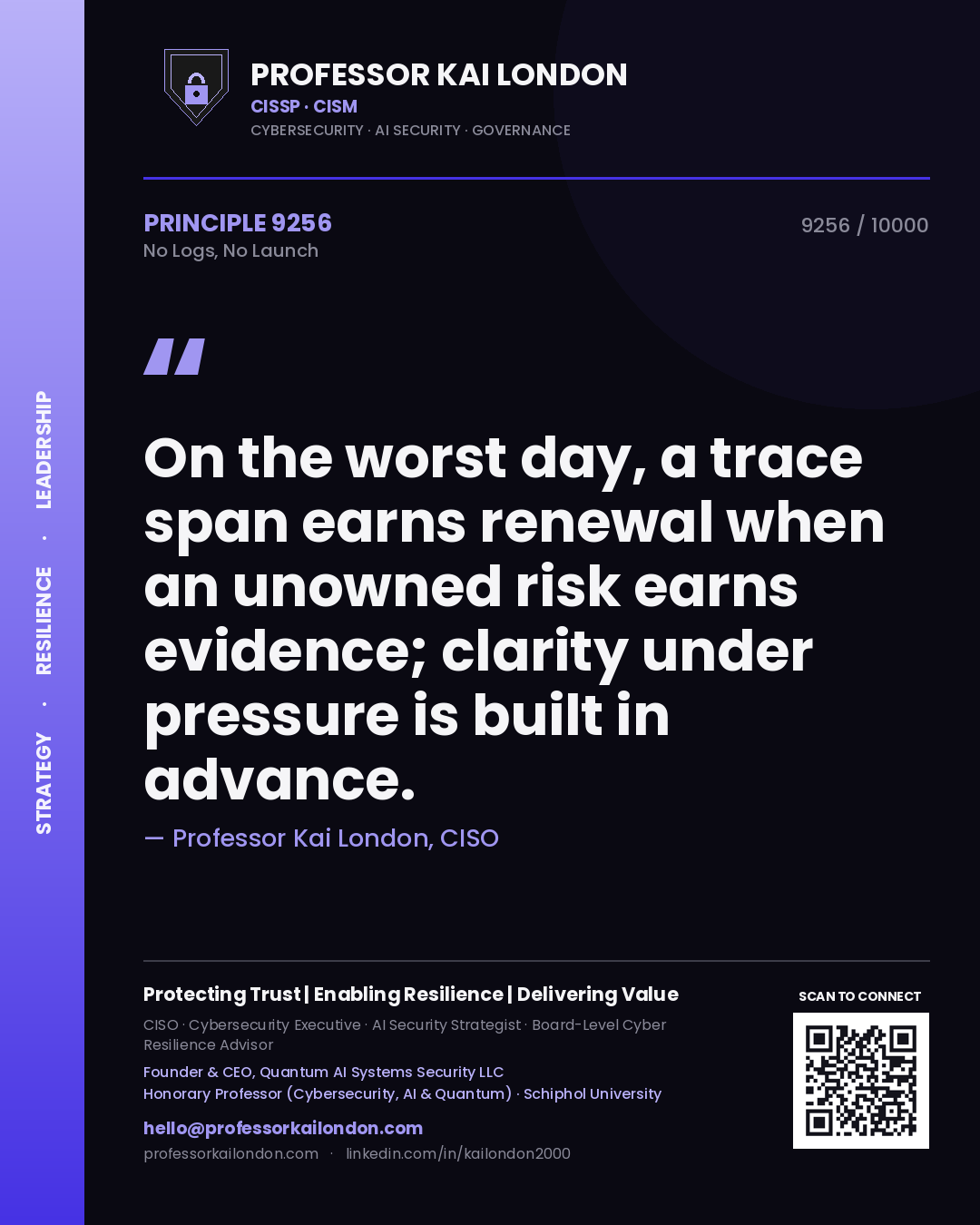 Quote card by Professor Kai London reading 'On the worst day, a trace span earns renewal when an unowned risk earns evidence; clarity under pressure is built in advance.'. From the book No Logs, No Launch.