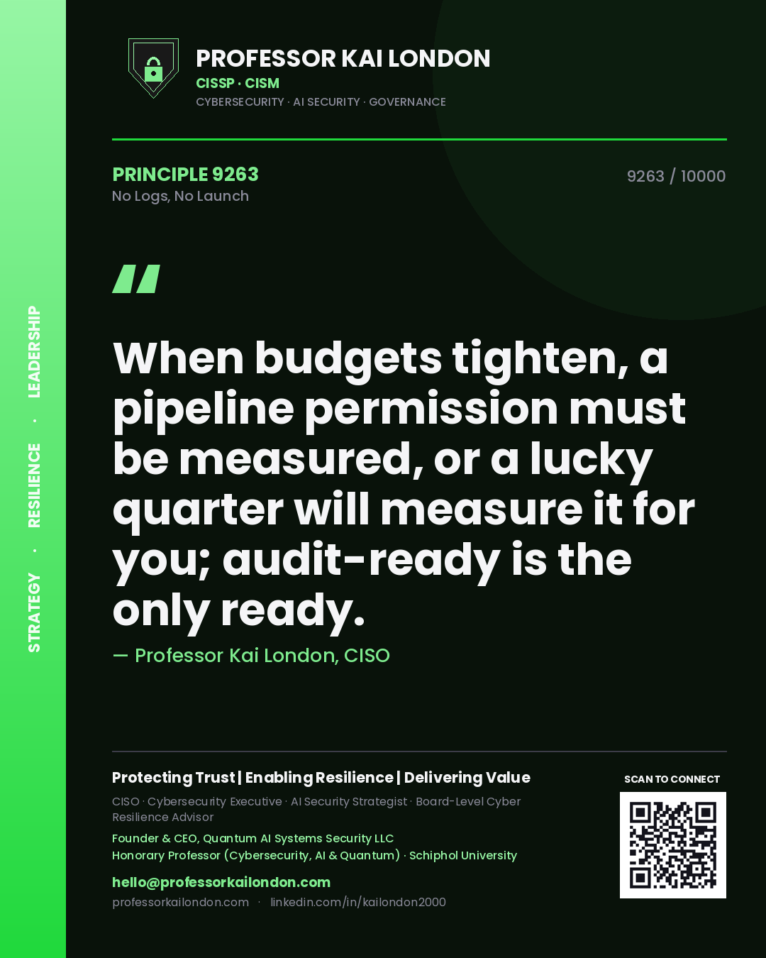 Quote card by Professor Kai London reading 'When budgets tighten, a pipeline permission must be measured, or a lucky quarter will measure it for you; audit-ready is the only ready.'. From the book No Logs, No Launch.