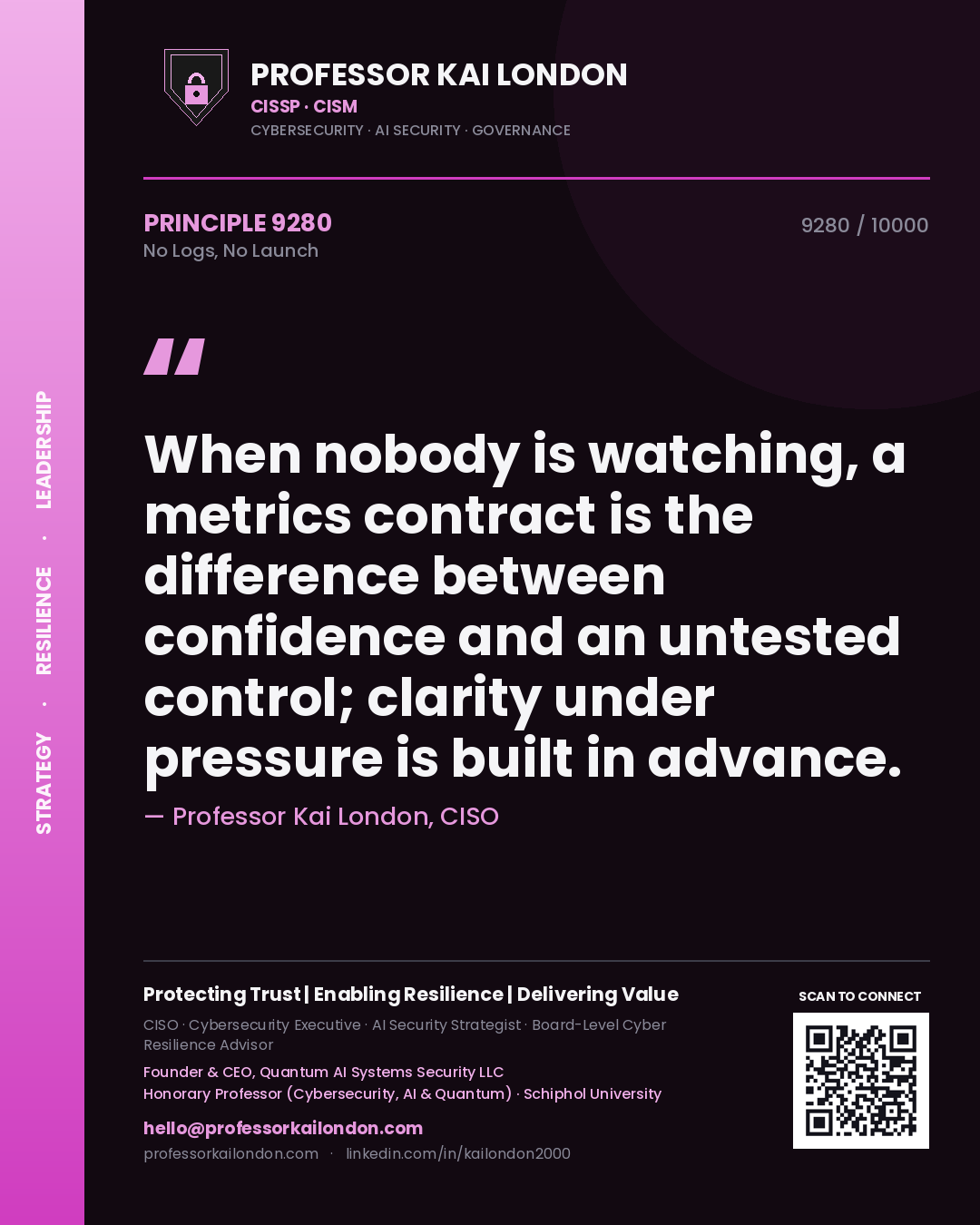 Quote card by Professor Kai London reading 'When nobody is watching, a metrics contract is the difference between confidence and an untested control; clarity under pressure is built in advance.'. From the book No Logs, No Launch.