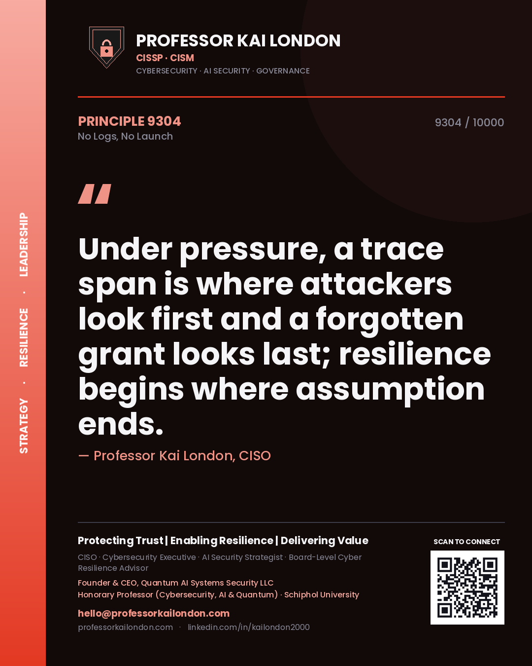 Quote card by Professor Kai London reading 'Under pressure, a trace span is where attackers look first and a forgotten grant looks last; resilience begins where assumption ends.'. From the book No Logs, No Launch.