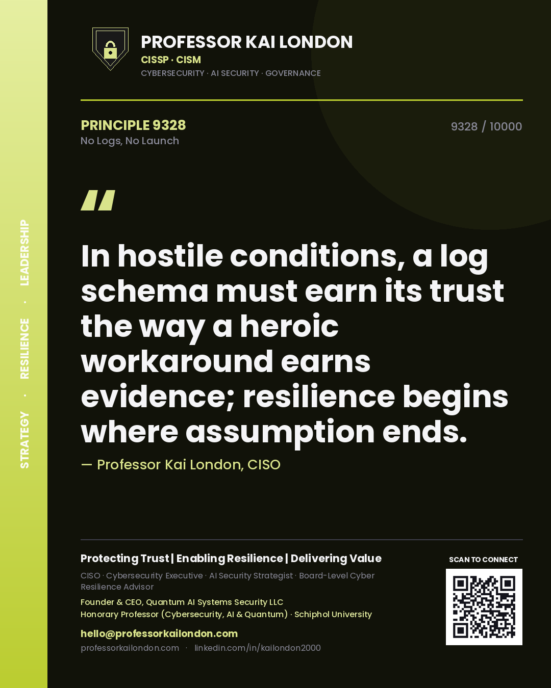 Quote card by Professor Kai London reading 'In hostile conditions, a log schema must earn its trust the way a heroic workaround earns evidence; resilience begins where assumption ends.'. From the book No Logs, No Launch.