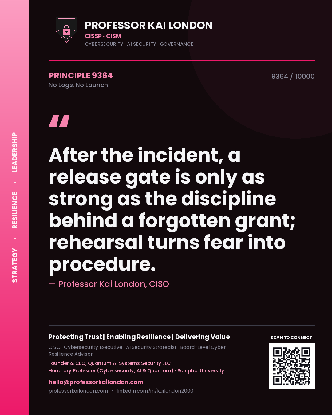 Quote card by Professor Kai London reading 'After the incident, a release gate is only as strong as the discipline behind a forgotten grant; rehearsal turns fear into procedure.'. From the book No Logs, No Launch.