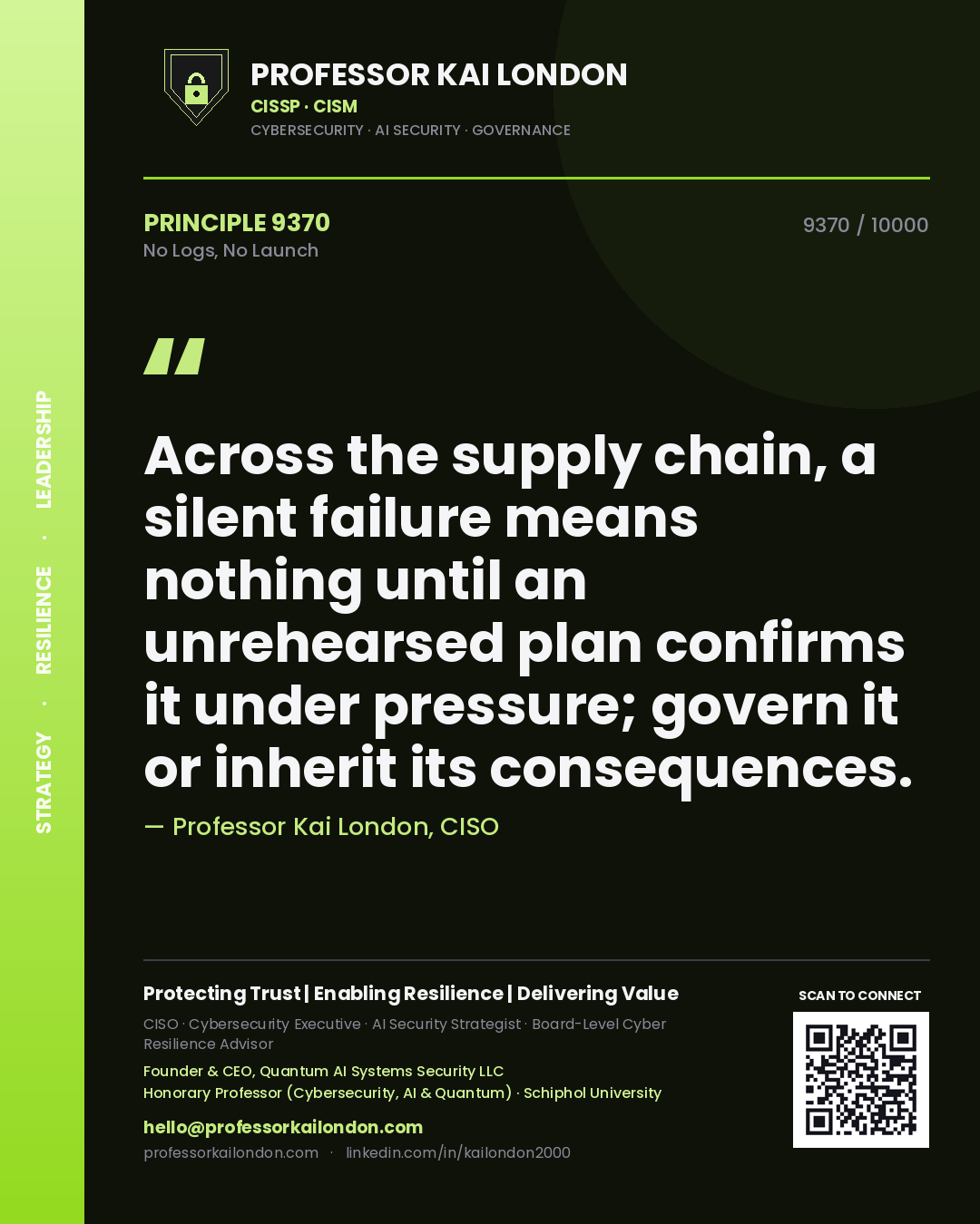 Professor Kai London principle 9370: Across the supply chain, a silent failure means nothing until an unrehearsed plan confirms it under pressure; govern it or inherit its consequences.