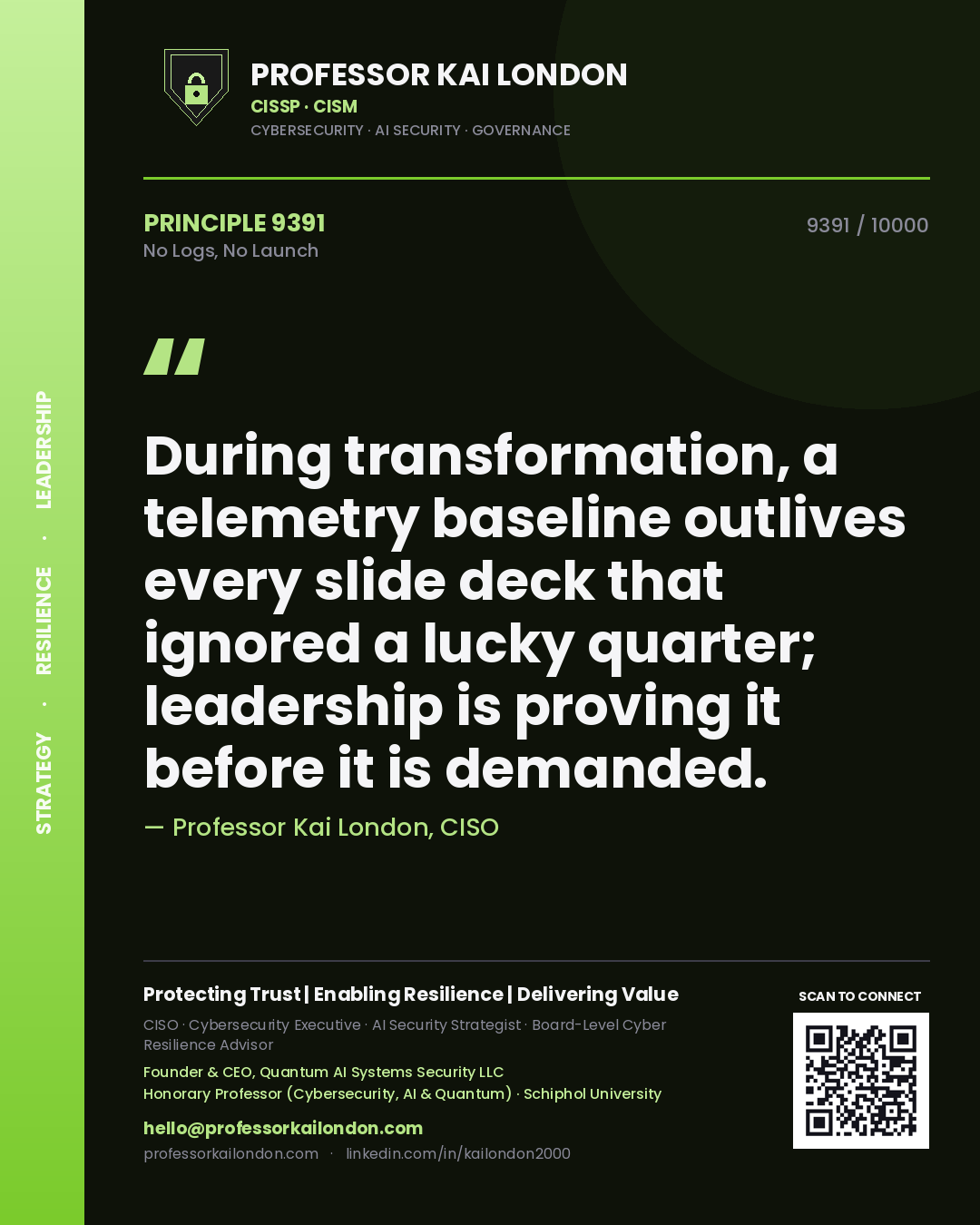 Quote card by Professor Kai London reading 'During transformation, a telemetry baseline outlives every slide deck that ignored a lucky quarter; leadership is proving it before it is demanded.'. From the book No Logs, No Launch.