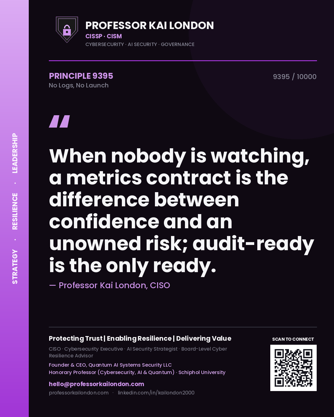 Professor Kai London principle 9395: When nobody is watching, a metrics contract is the difference between confidence and an unowned risk; audit-ready is the only ready.