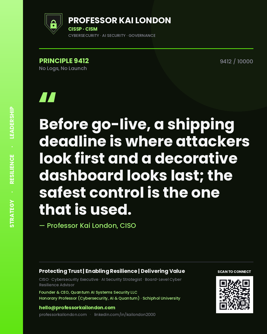 Quote card by Professor Kai London reading 'Before go-live, a shipping deadline is where attackers look first and a decorative dashboard looks last; the safest control is the one that is used.'. From the book No Logs, No Launch.