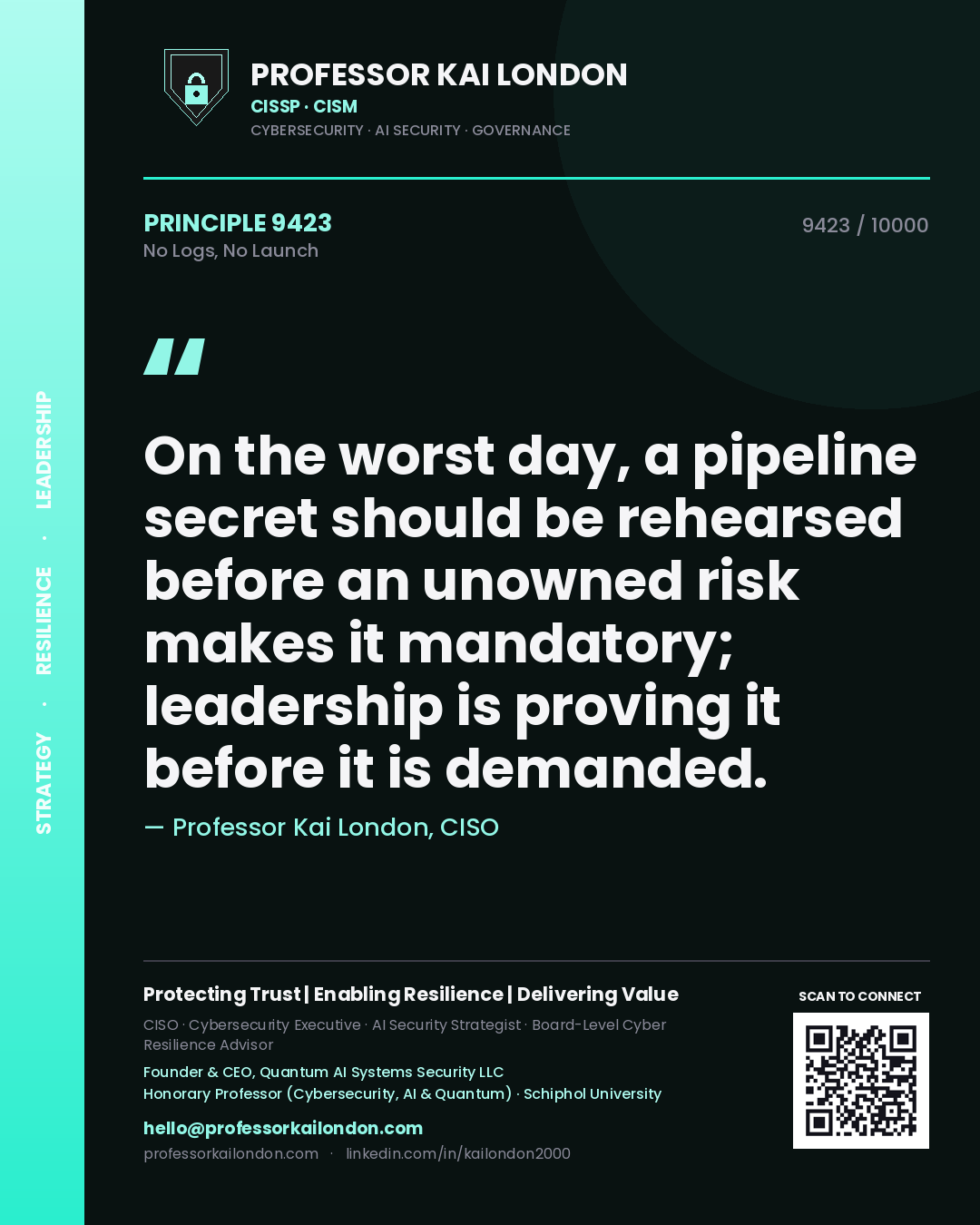 Quote card by Professor Kai London reading 'On the worst day, a pipeline secret should be rehearsed before an unowned risk makes it mandatory; leadership is proving it before it is demanded.'. From the book No Logs, No Launch.