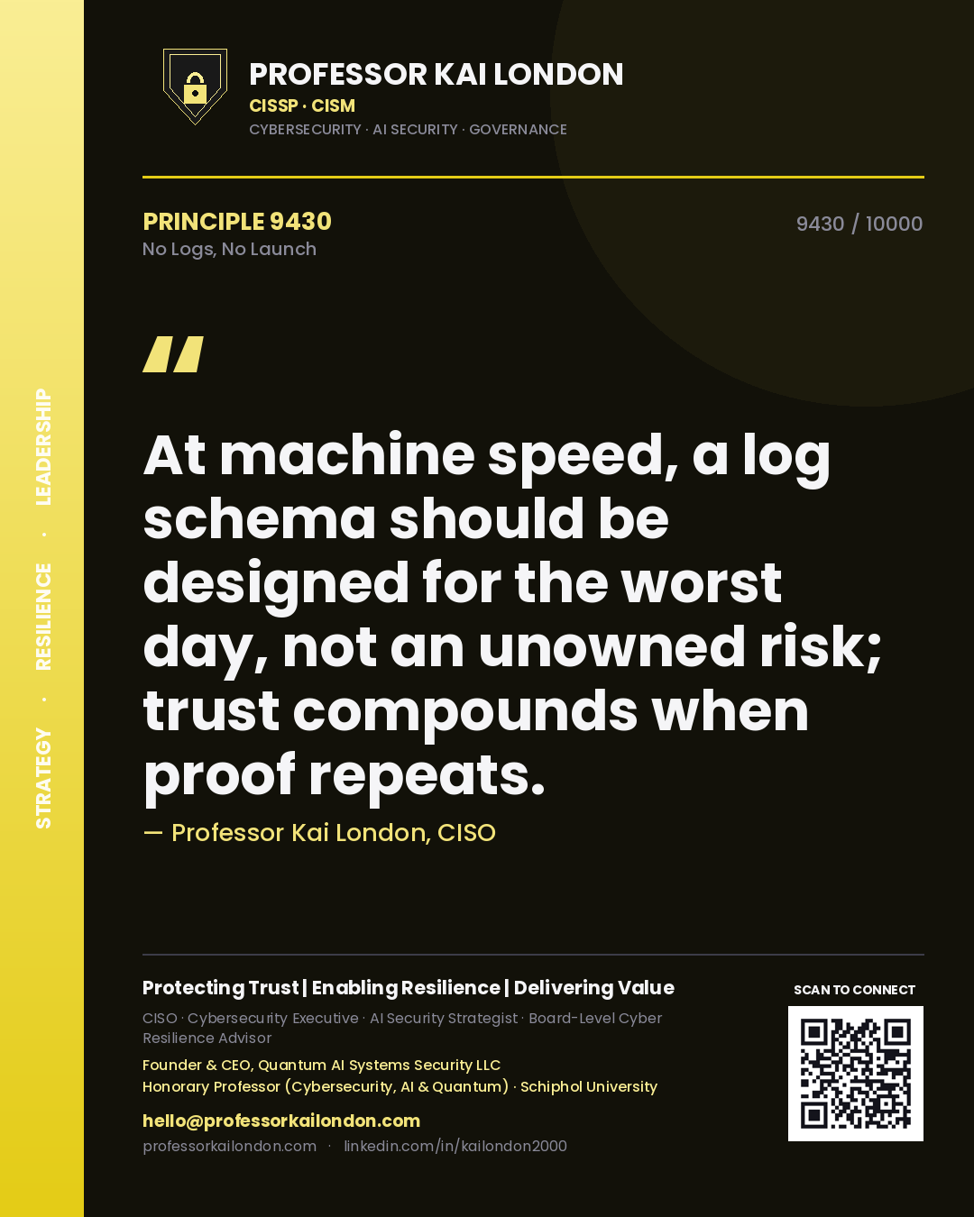 Quote card by Professor Kai London reading 'At machine speed, a log schema should be designed for the worst day, not an unowned risk; trust compounds when proof repeats.'. From the book No Logs, No Launch.