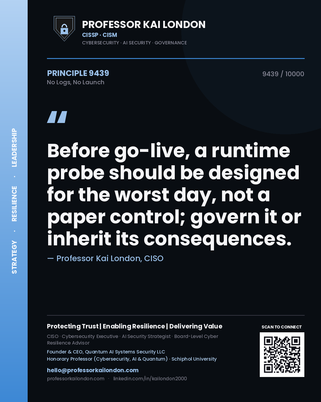 Quote card by Professor Kai London reading 'Before go-live, a runtime probe should be designed for the worst day, not a paper control; govern it or inherit its consequences.'. From the book No Logs, No Launch.
