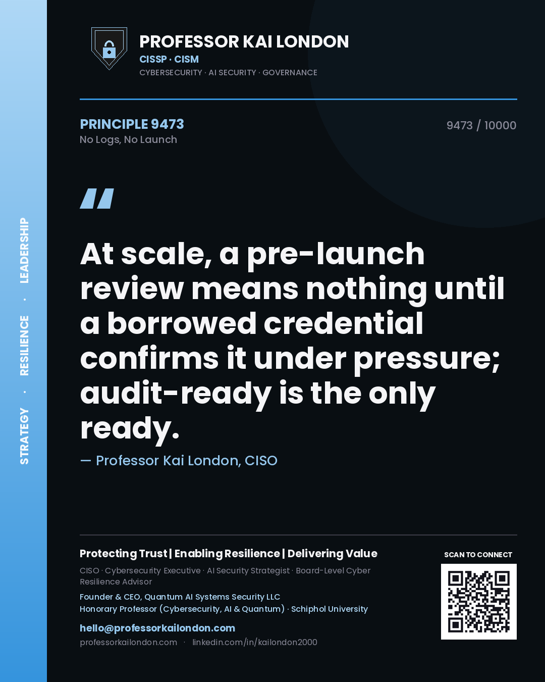 Quote card by Professor Kai London reading 'At scale, a pre-launch review means nothing until a borrowed credential confirms it under pressure; audit-ready is the only ready.'. From the book No Logs, No Launch.