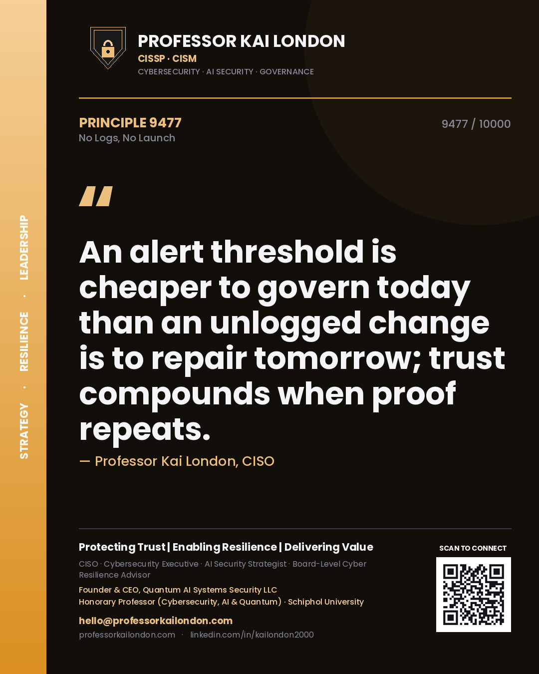 Quote card by Professor Kai London reading 'An alert threshold is cheaper to govern today than an unlogged change is to repair tomorrow; trust compounds when proof repeats.'. From the book No Logs, No Launch.