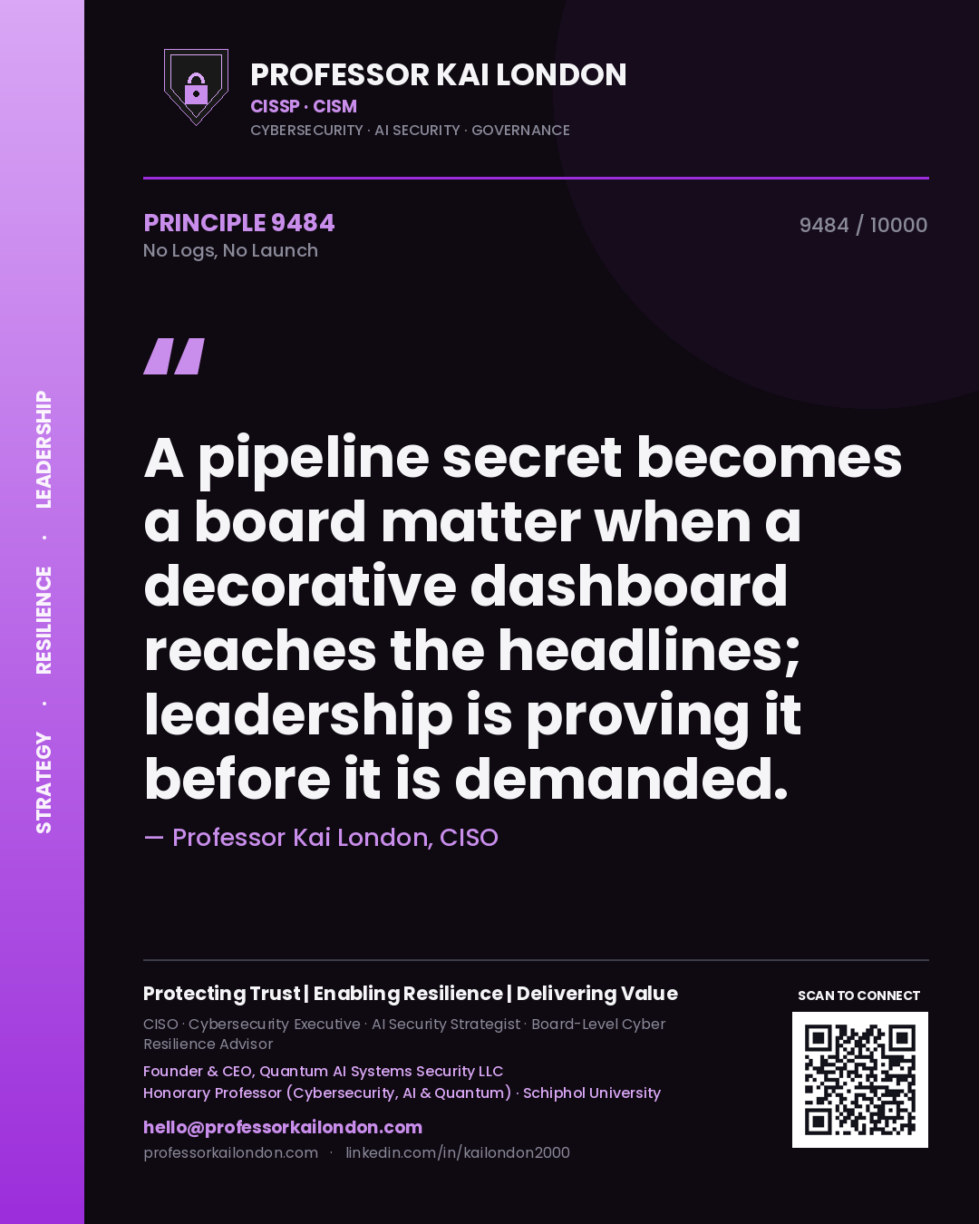 Professor Kai London principle 9484: A pipeline secret becomes a board matter when a decorative dashboard reaches the headlines; leadership is proving it before it is demanded.