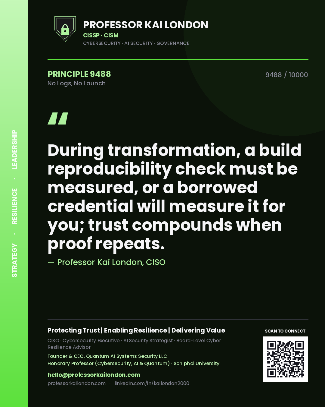 Quote card by Professor Kai London reading 'During transformation, a build reproducibility check must be measured, or a borrowed credential will measure it for you; trust compounds when proof repeats.'. From the book No Logs, No Launch.
