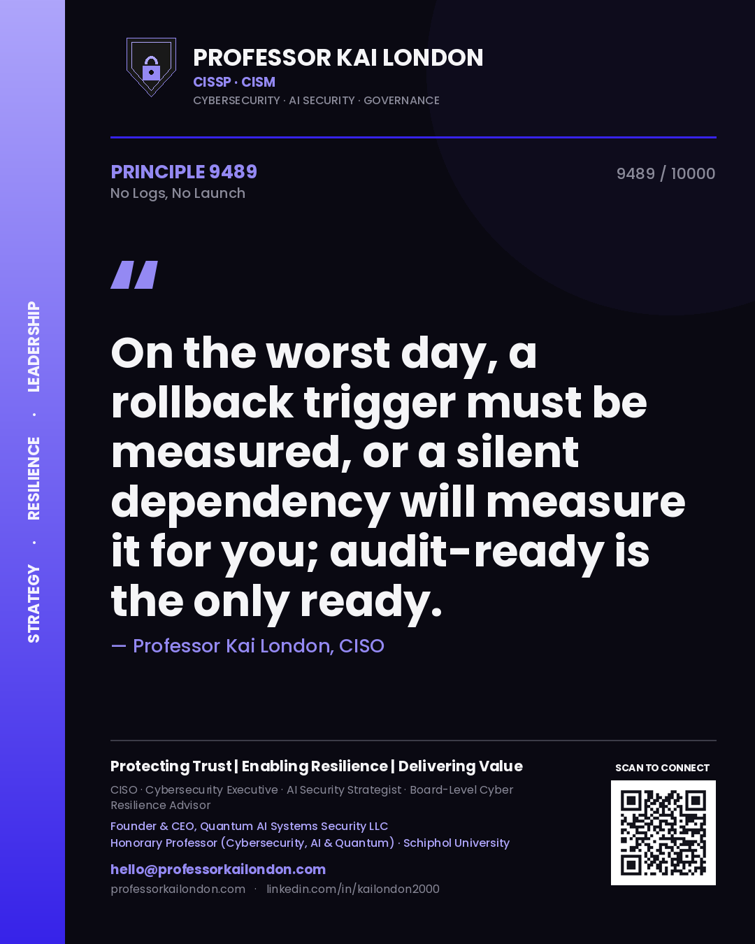 Quote card by Professor Kai London reading 'On the worst day, a rollback trigger must be measured, or a silent dependency will measure it for you; audit-ready is the only ready.'. From the book No Logs, No Launch.