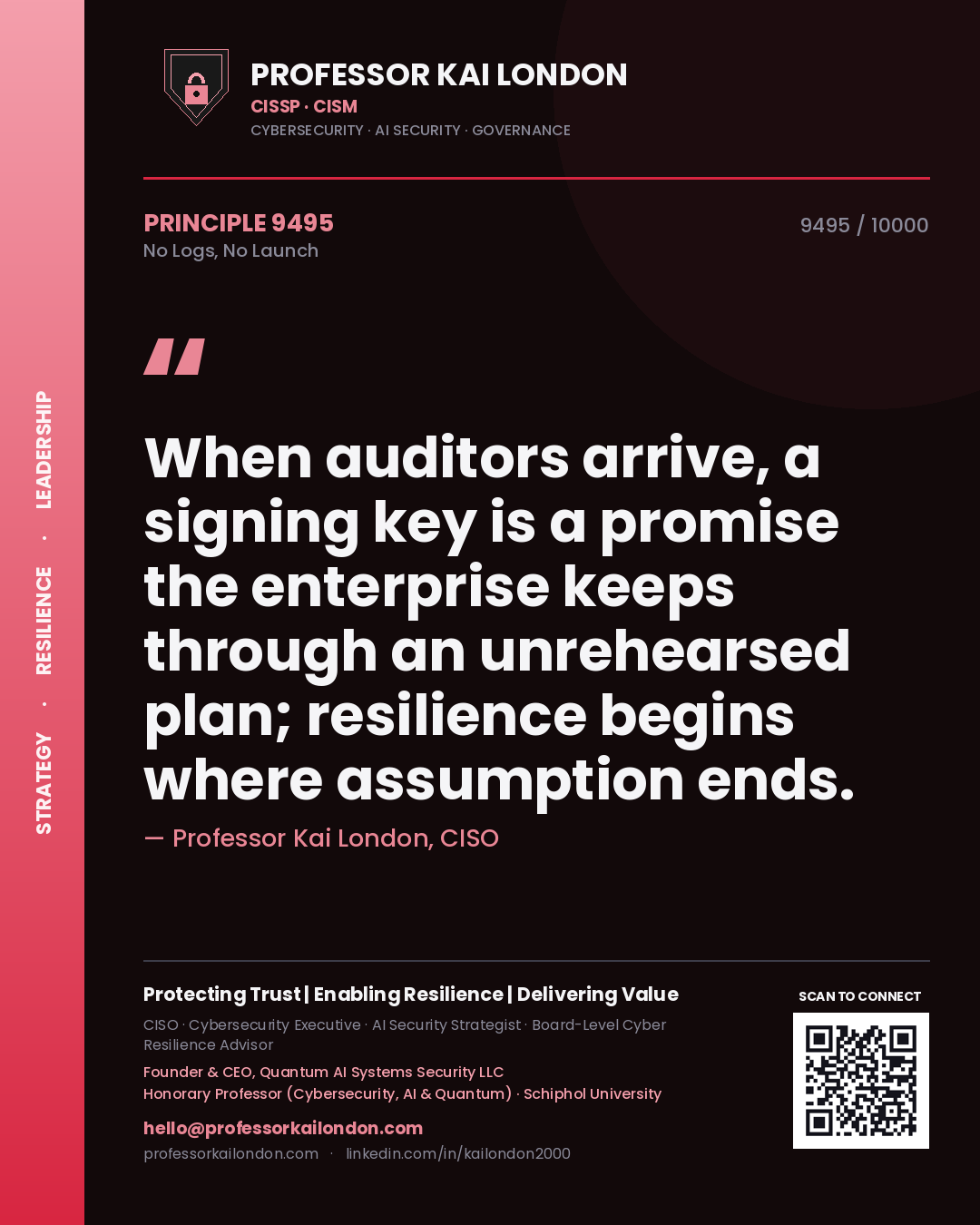 Quote card by Professor Kai London reading 'When auditors arrive, a signing key is a promise the enterprise keeps through an unrehearsed plan; resilience begins where assumption ends.'. From the book No Logs, No Launch.
