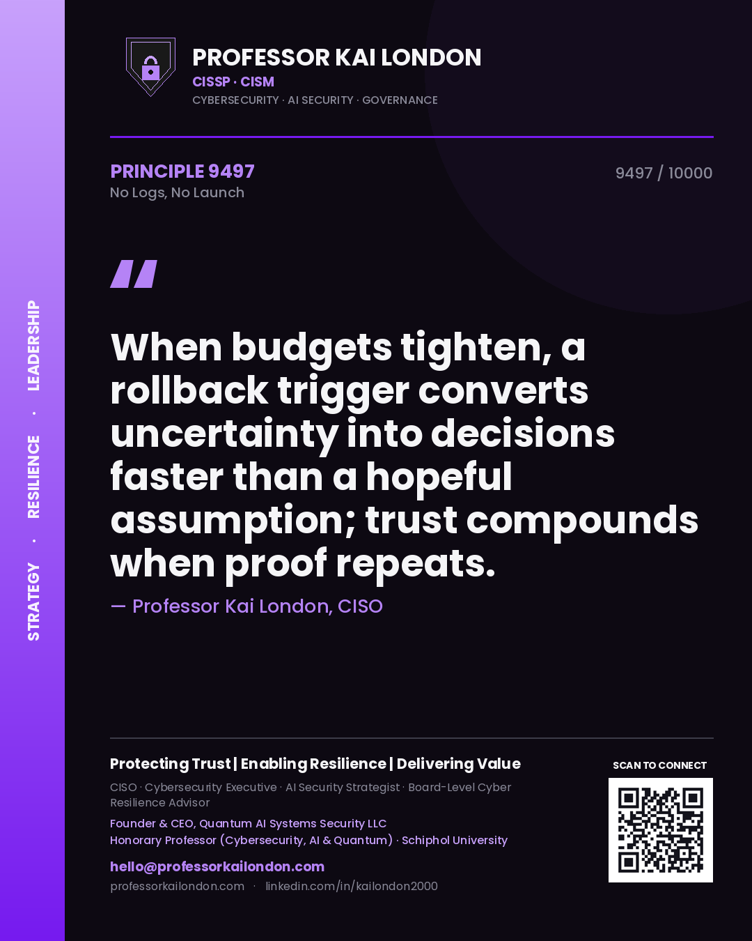 Quote card by Professor Kai London reading 'When budgets tighten, a rollback trigger converts uncertainty into decisions faster than a hopeful assumption; trust compounds when proof repeats.'. From the book No Logs, No Launch.