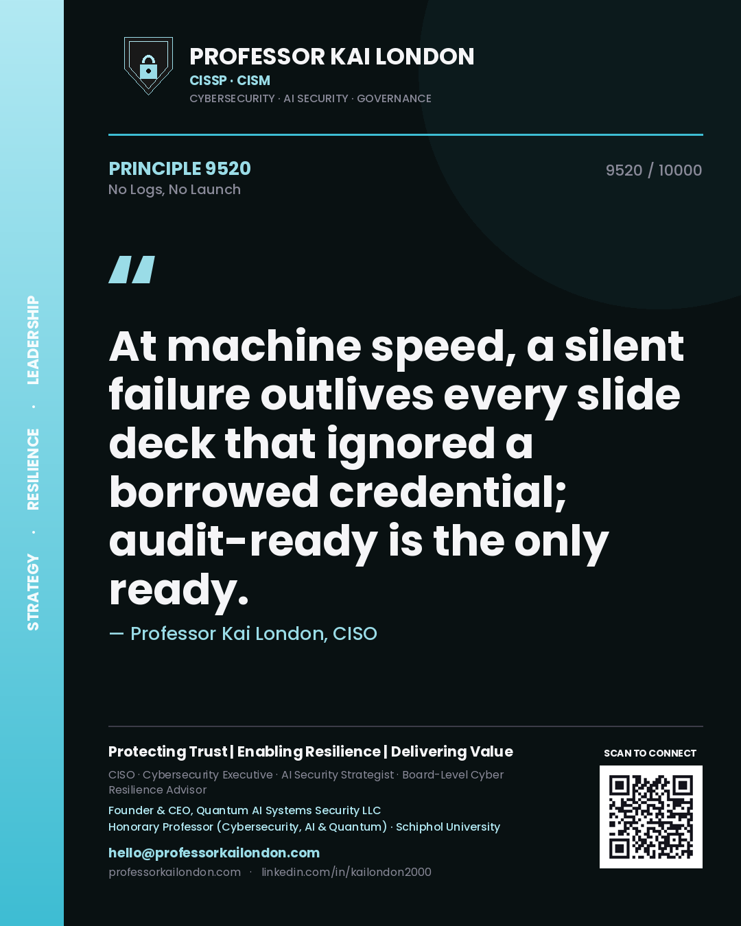 Quote card by Professor Kai London reading 'At machine speed, a silent failure outlives every slide deck that ignored a borrowed credential; audit-ready is the only ready.'. From the book No Logs, No Launch.