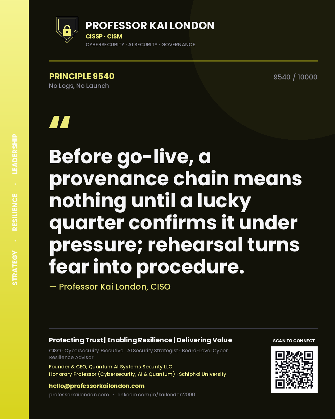 Professor Kai London principle 9540: Before go-live, a provenance chain means nothing until a lucky quarter confirms it under pressure; rehearsal turns fear into procedure.