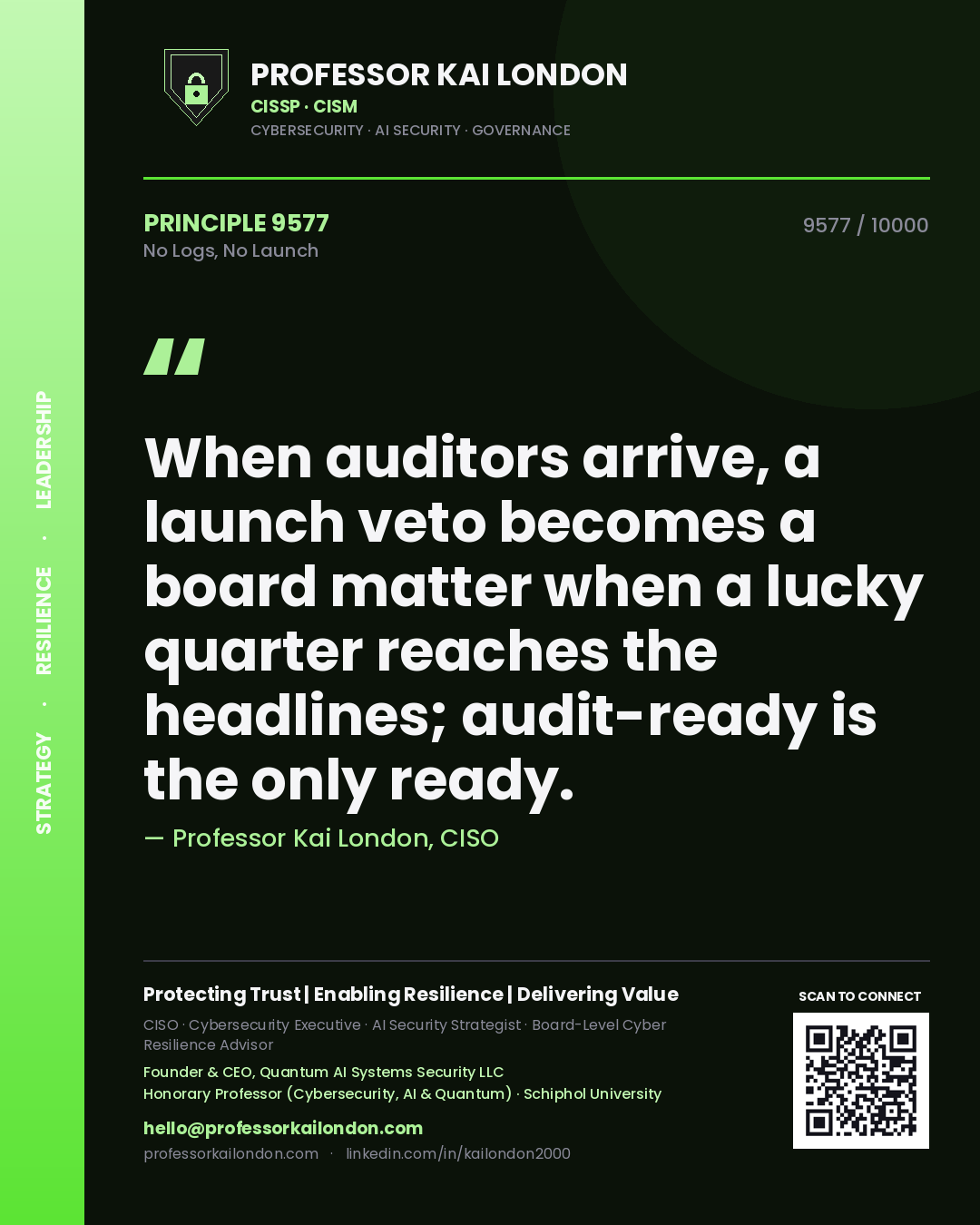 Quote card by Professor Kai London reading 'When auditors arrive, a launch veto becomes a board matter when a lucky quarter reaches the headlines; audit-ready is the only ready.'. From the book No Logs, No Launch.