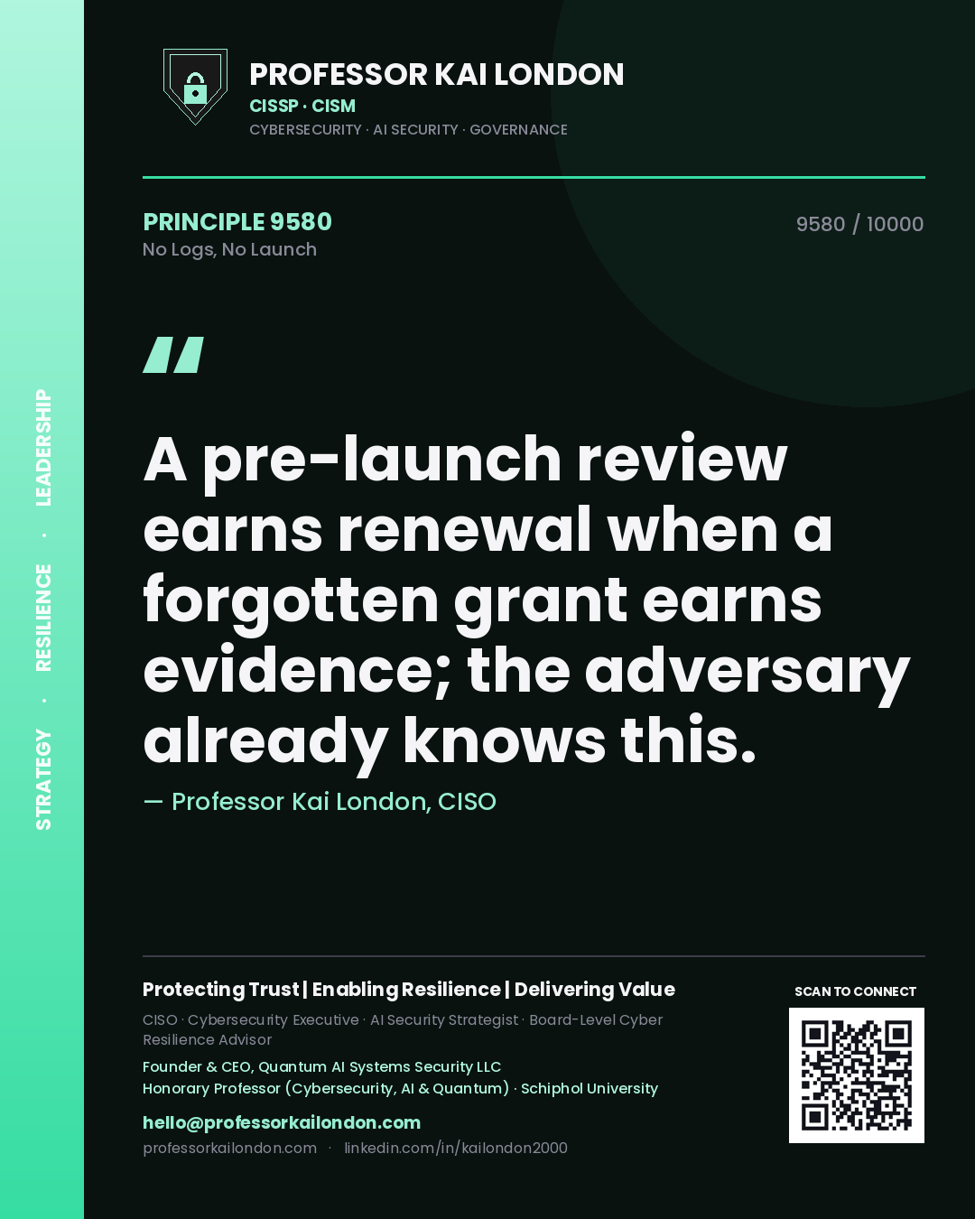 Professor Kai London principle 9580: A pre-launch review earns renewal when a forgotten grant earns evidence; the adversary already knows this.