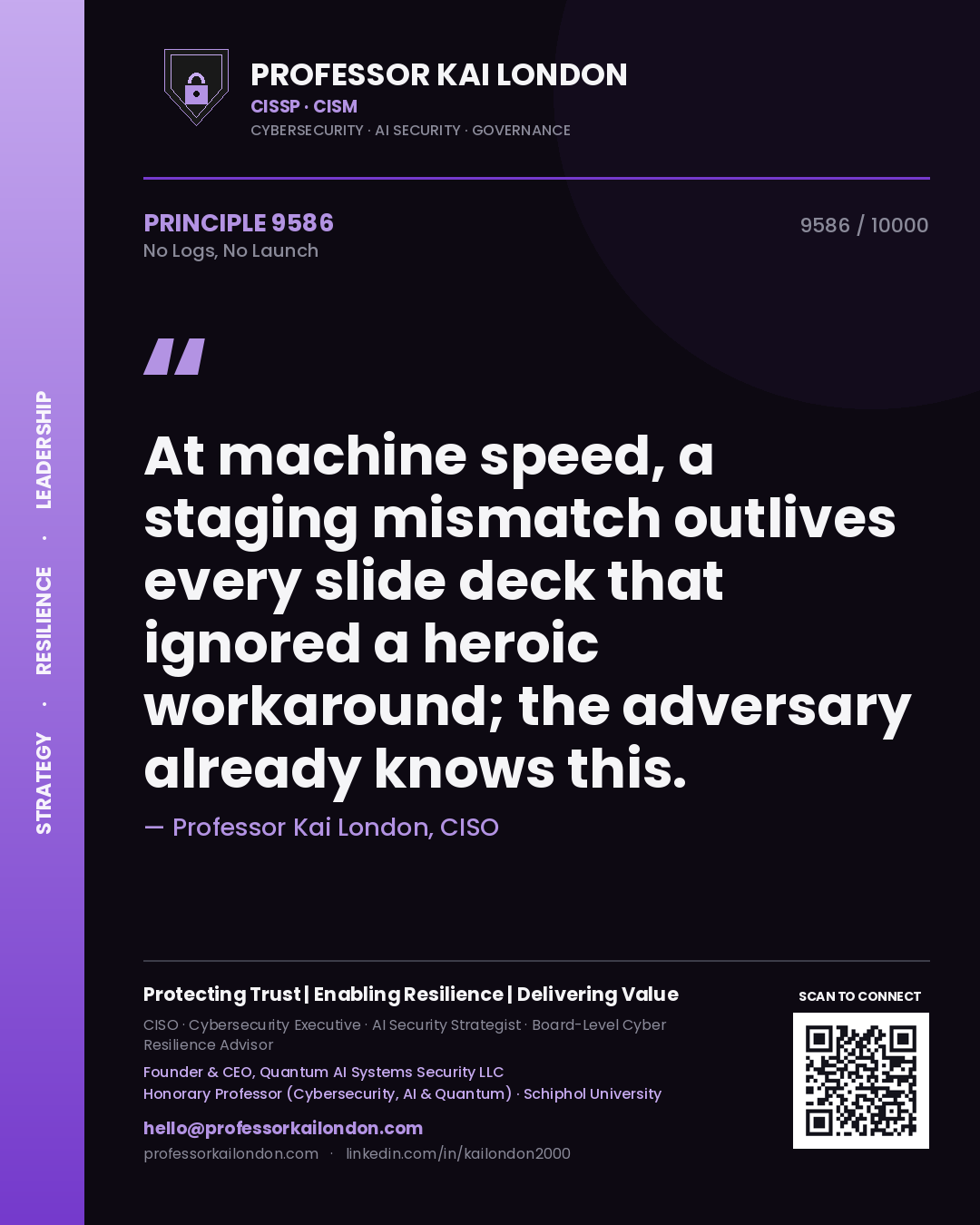 Professor Kai London principle 9586: At machine speed, a staging mismatch outlives every slide deck that ignored a heroic workaround; the adversary already knows this.