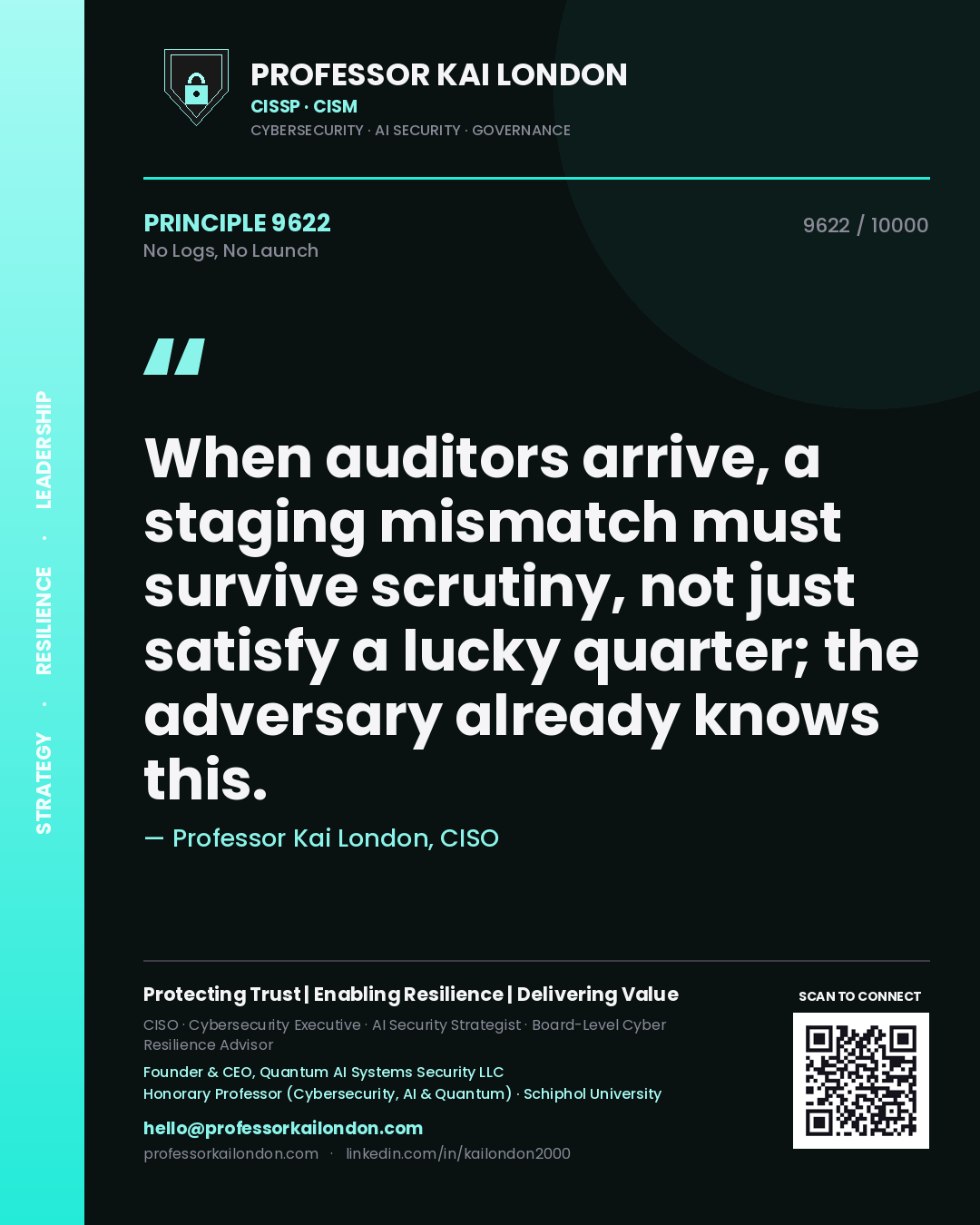 Professor Kai London principle 9622: When auditors arrive, a staging mismatch must survive scrutiny, not just satisfy a lucky quarter; the adversary already knows this.