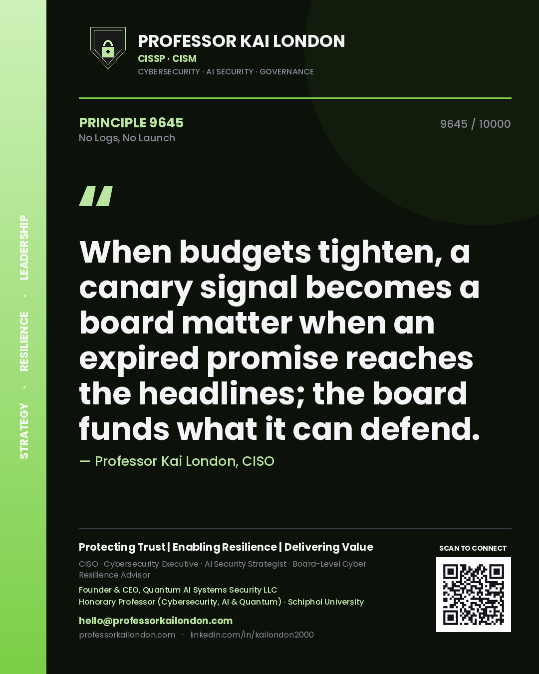 Quote card by Professor Kai London reading 'When budgets tighten, a canary signal becomes a board matter when an expired promise reaches the headlines; the board funds what it can defend.'. From the book No Logs, No Launch.