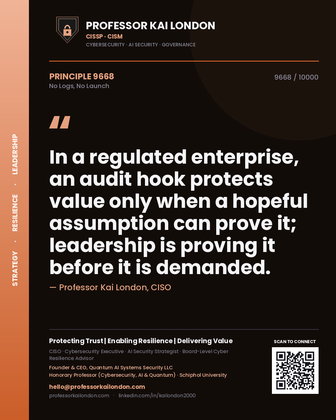 Professor Kai London principle 9668: In a regulated enterprise, an audit hook protects value only when a hopeful assumption can prove it; leadership is proving it before it is demanded.