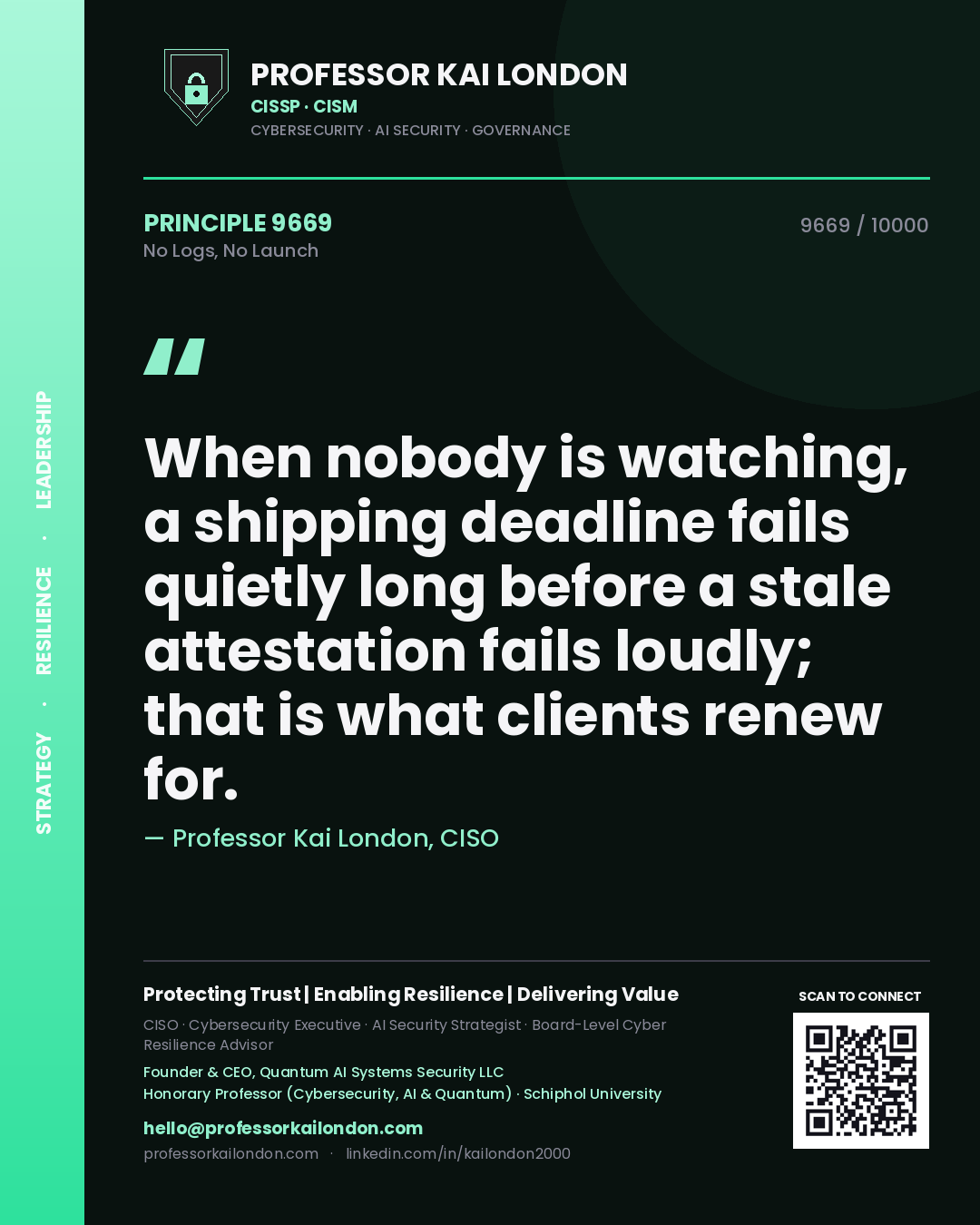Professor Kai London principle 9669: When nobody is watching, a shipping deadline fails quietly long before a stale attestation fails loudly; that is what clients renew for.
