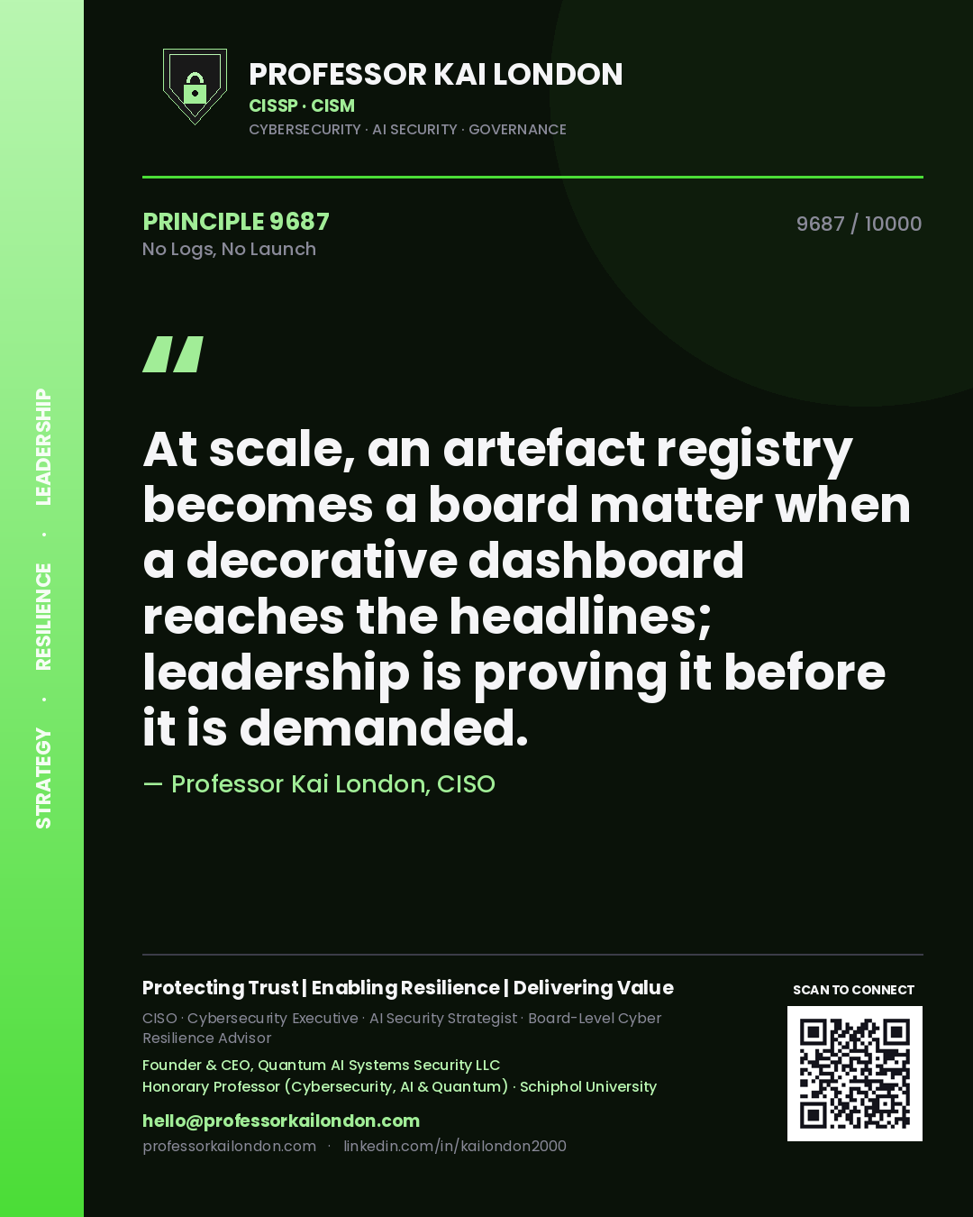 Professor Kai London principle 9687: At scale, an artefact registry becomes a board matter when a decorative dashboard reaches the headlines; leadership is proving it before it is demanded.