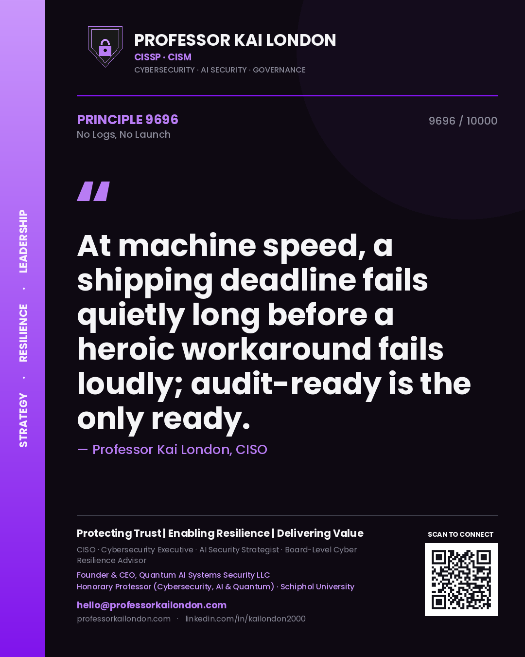 Quote card by Professor Kai London reading 'At machine speed, a shipping deadline fails quietly long before a heroic workaround fails loudly; audit-ready is the only ready.'. From the book No Logs, No Launch.