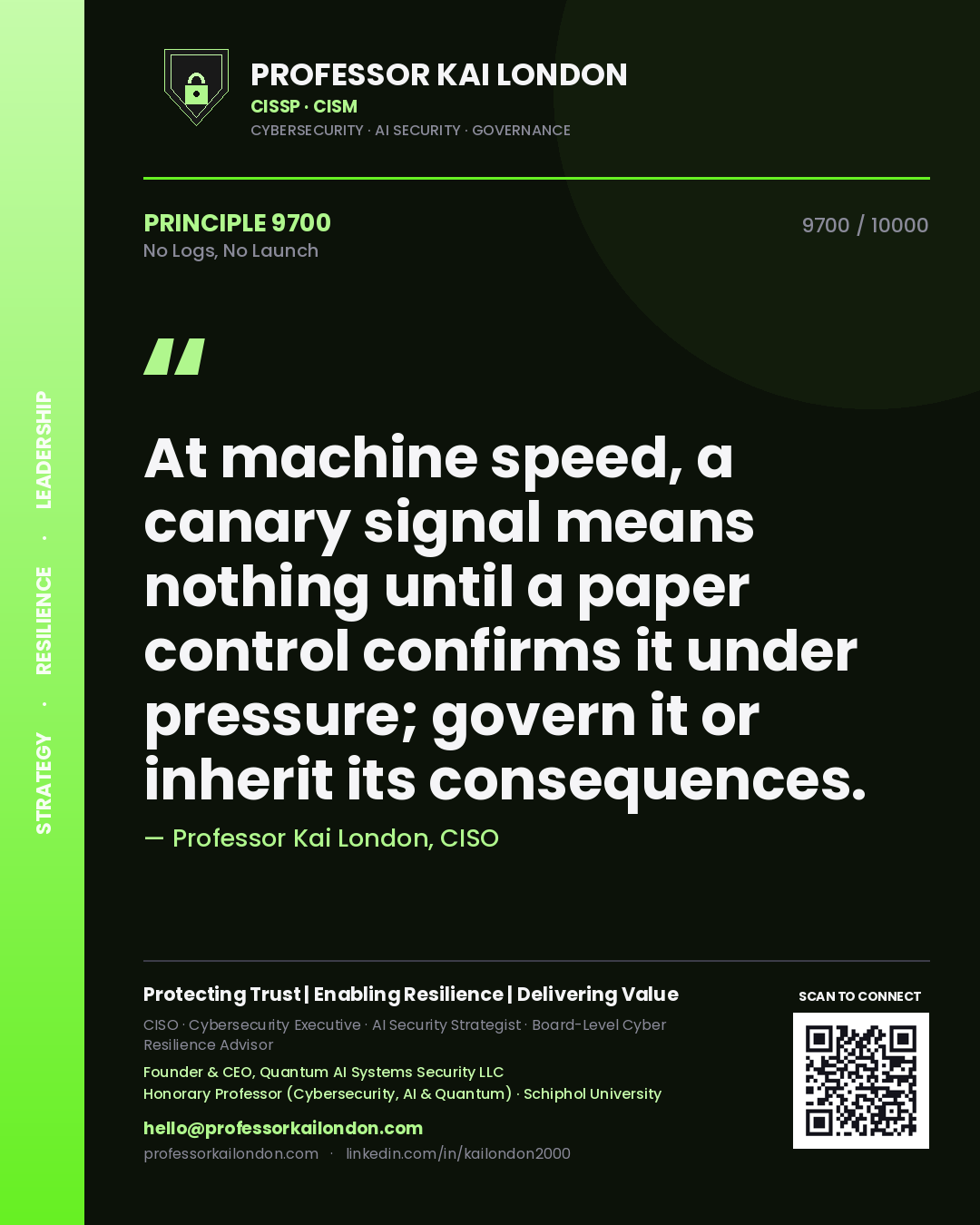 Quote card by Professor Kai London reading 'At machine speed, a canary signal means nothing until a paper control confirms it under pressure; govern it or inherit its consequences.'. From the book No Logs, No Launch.