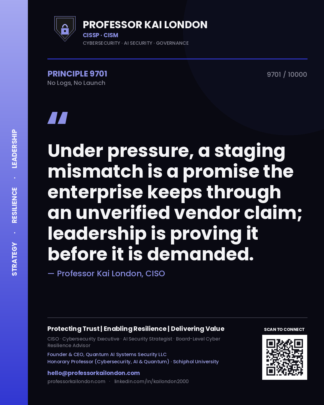 Quote card by Professor Kai London reading 'Under pressure, a staging mismatch is a promise the enterprise keeps through an unverified vendor claim; leadership is proving it before it is demanded.'. From the book No Logs, No Launch.