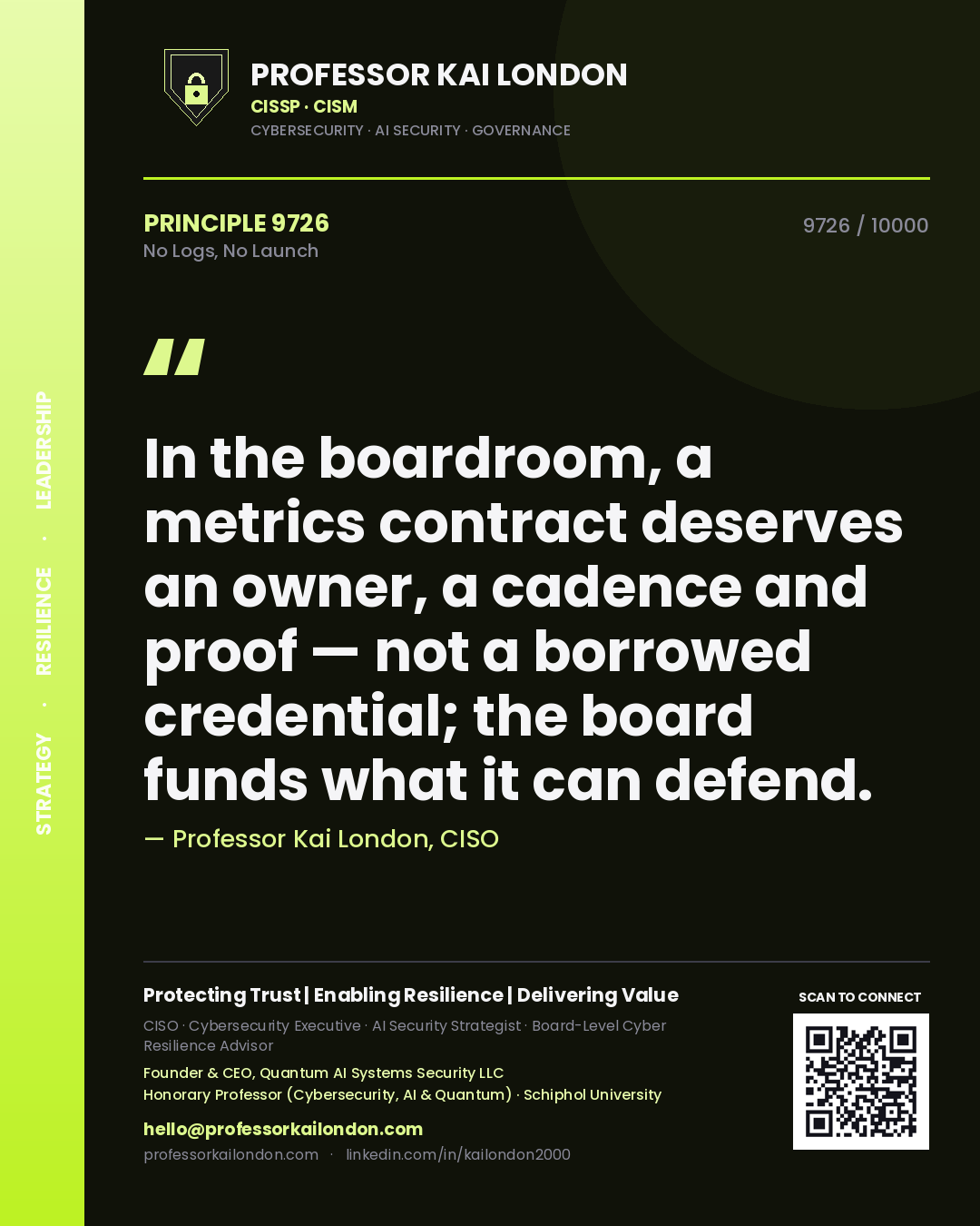 Quote card by Professor Kai London reading 'In the boardroom, a metrics contract deserves an owner, a cadence and proof — not a borrowed credential; the board funds what it can defend.'. From the book No Logs, No Launch.