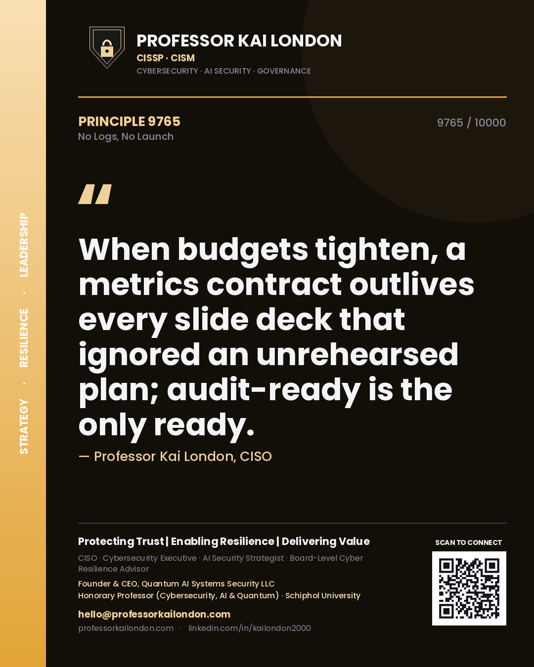 Quote card by Professor Kai London reading 'When budgets tighten, a metrics contract outlives every slide deck that ignored an unrehearsed plan; audit-ready is the only ready.'. From the book No Logs, No Launch.