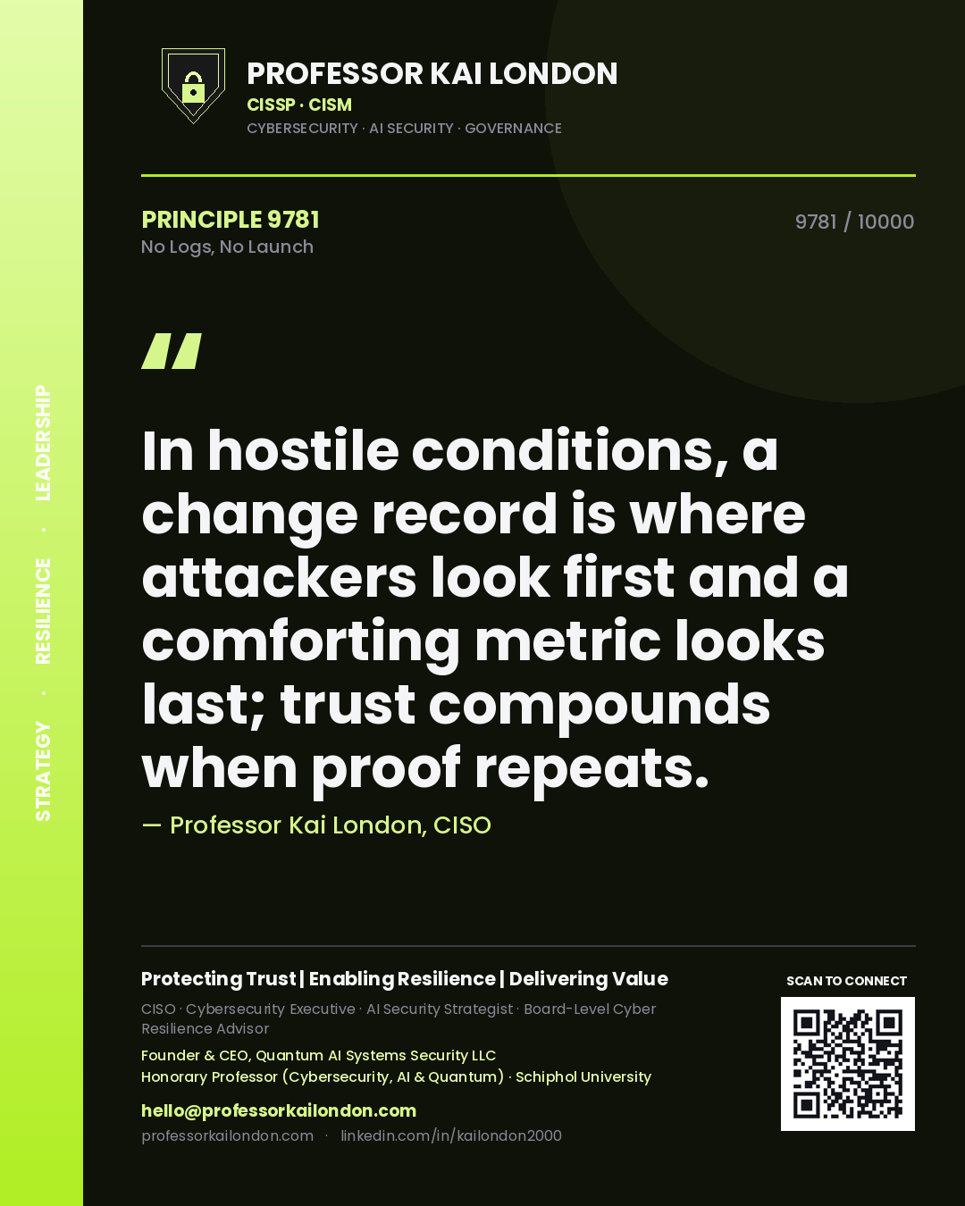 Professor Kai London principle 9781: In hostile conditions, a change record is where attackers look first and a comforting metric looks last; trust compounds when proof repeats.