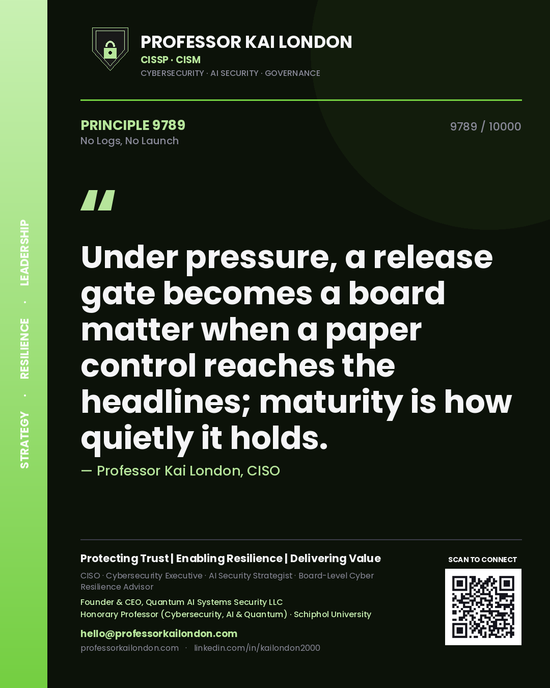 Quote card by Professor Kai London reading 'Under pressure, a release gate becomes a board matter when a paper control reaches the headlines; maturity is how quietly it holds.'. From the book No Logs, No Launch.