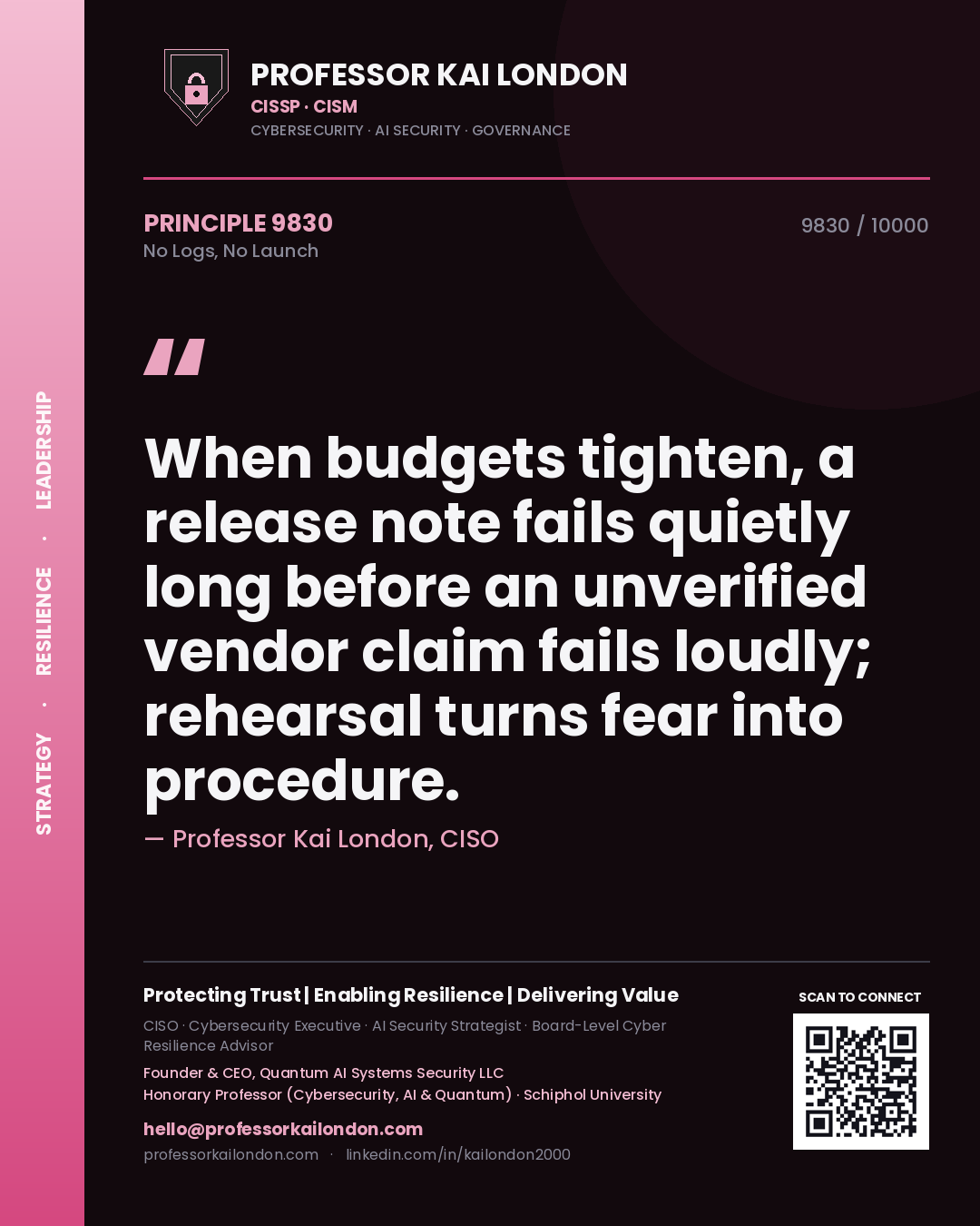 Professor Kai London principle 9830: When budgets tighten, a release note fails quietly long before an unverified vendor claim fails loudly; rehearsal turns fear into procedure.
